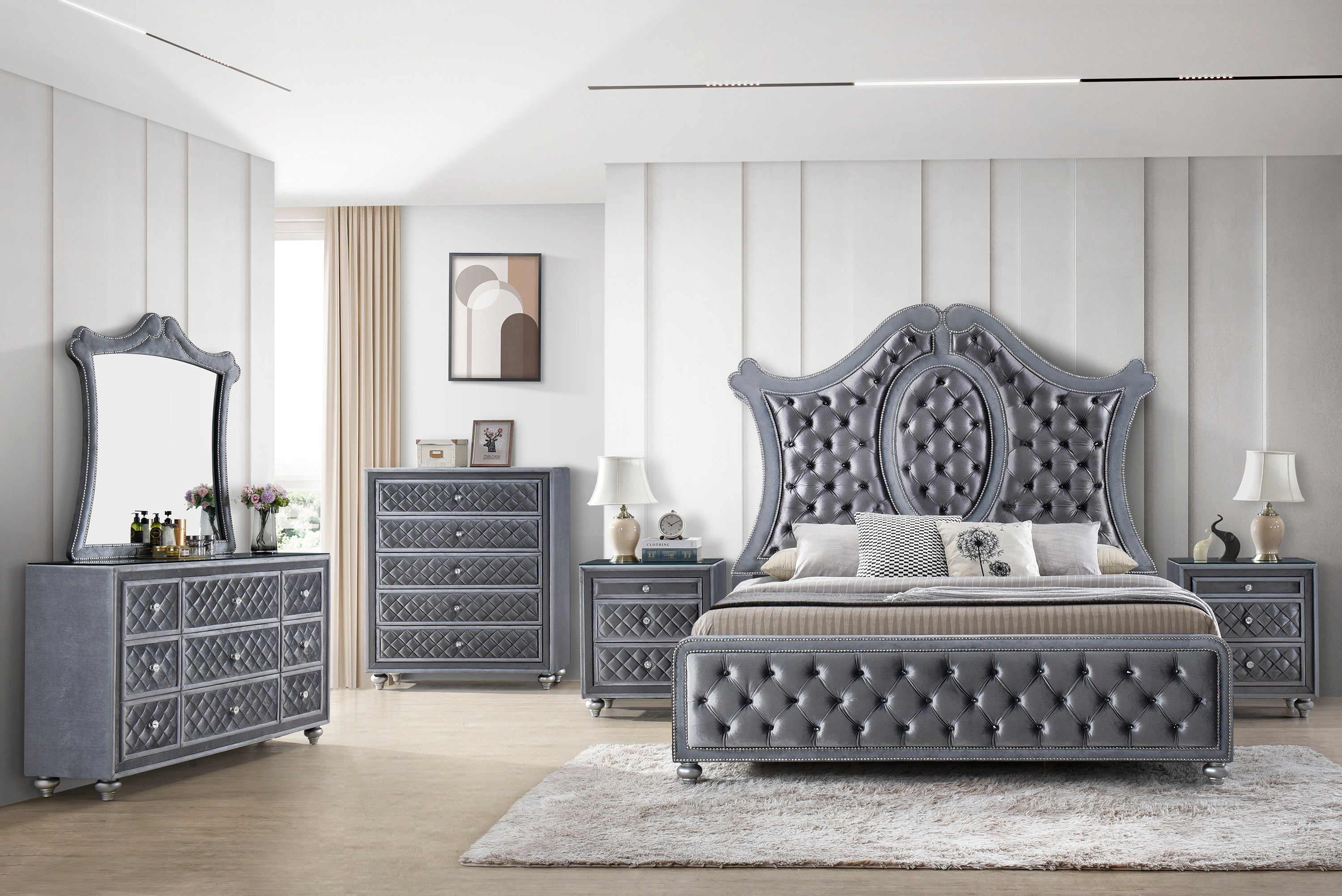 Cameo Gray Upholstered Panel Bedroom Set - SET | B2100-Q-HB | B2100-Q-FB | B2100-KQ-RAIL | B2100-KQ-HBLEG | B2100-2 | B2100-4 - Bien Home Furniture &amp; Electronics