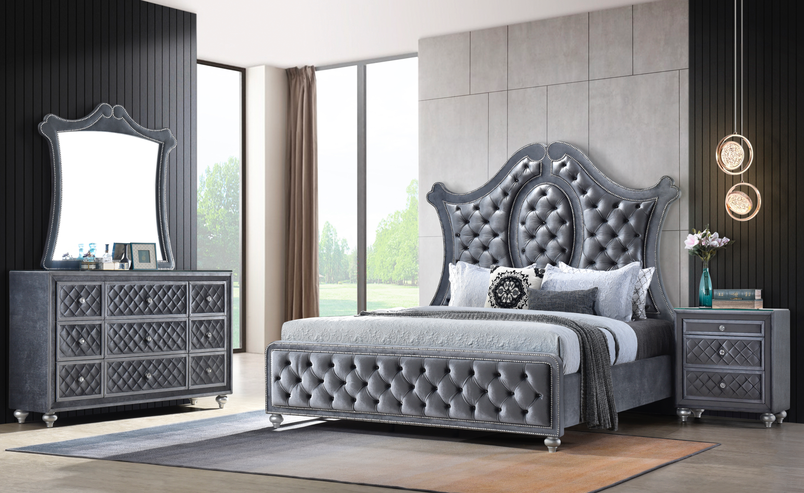 Cameo Gray Upholstered Panel Bedroom Set - SET | B2100-Q-HB | B2100-Q-FB | B2100-KQ-RAIL | B2100-KQ-HBLEG | B2100-2 | B2100-4 - Bien Home Furniture &amp; Electronics