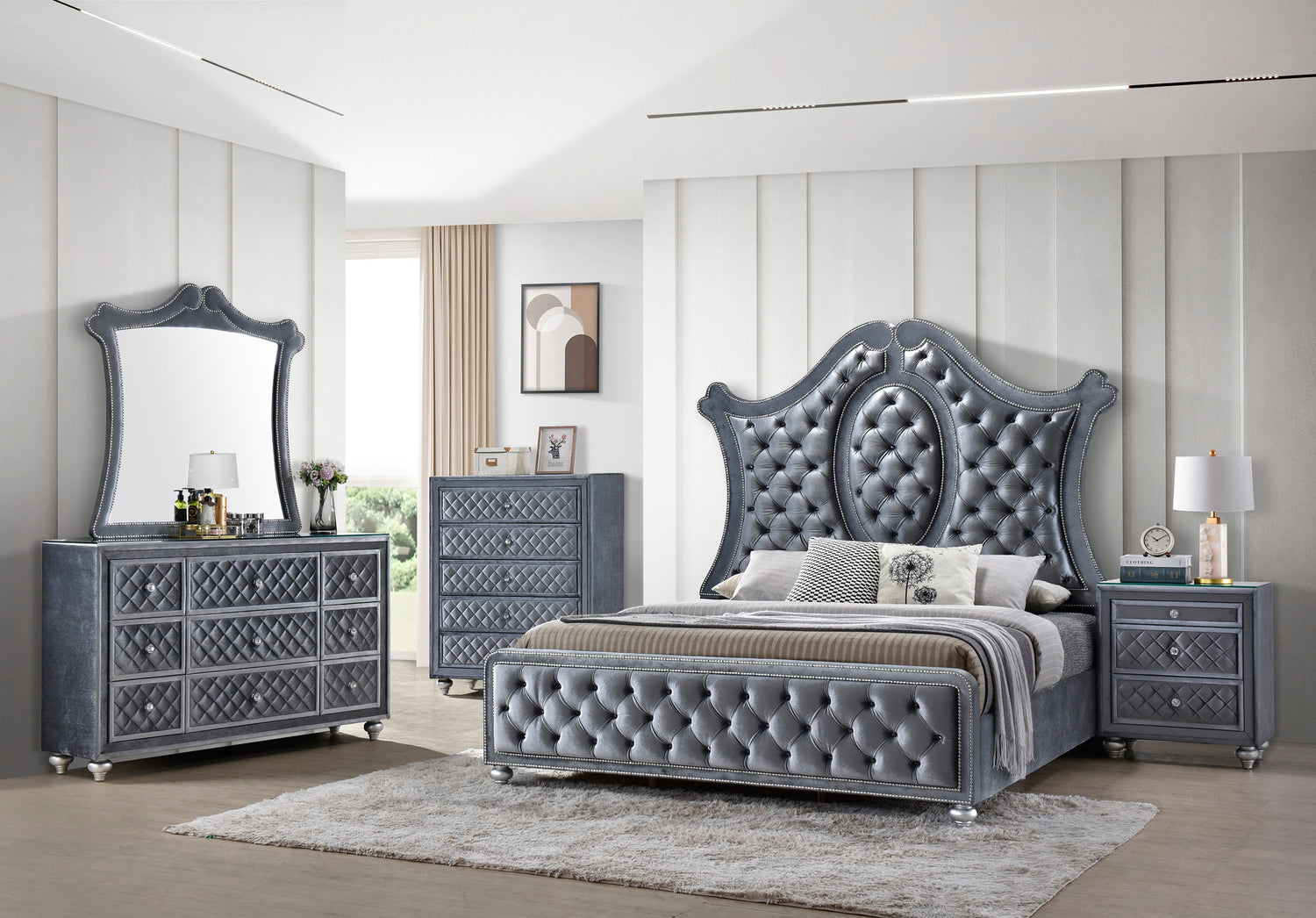 Cameo Gray Upholstered Panel Bedroom Set - SET | B2100-Q-HB | B2100-Q-FB | B2100-KQ-RAIL | B2100-KQ-HBLEG | B2100-2 | B2100-4 - Bien Home Furniture &amp; Electronics