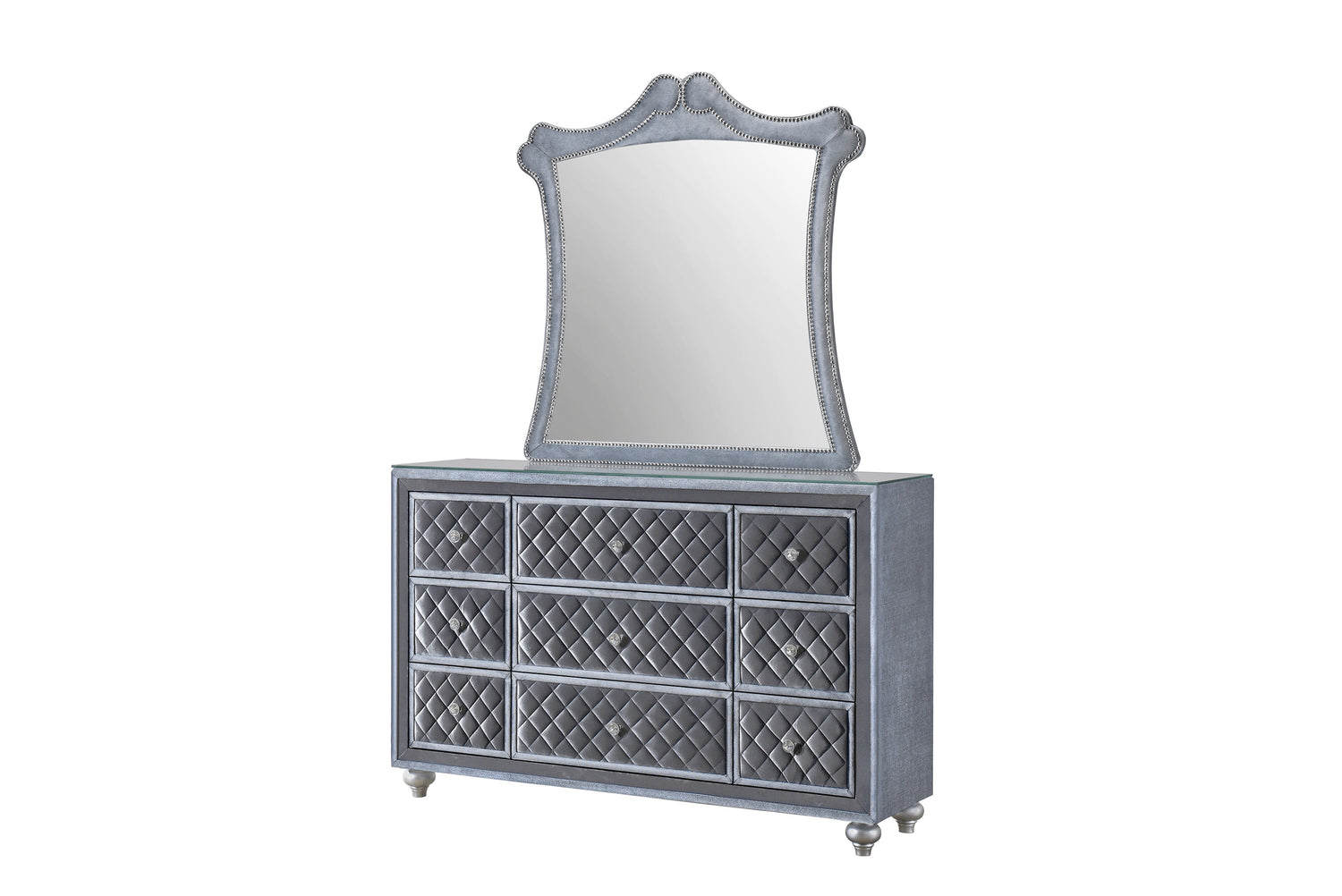 Cameo Gray Upholstered Panel Bedroom Set - SET | B2100-Q-HB | B2100-Q-FB | B2100-KQ-RAIL | B2100-KQ-HBLEG | B2100-2 | B2100-4 - Bien Home Furniture &amp; Electronics