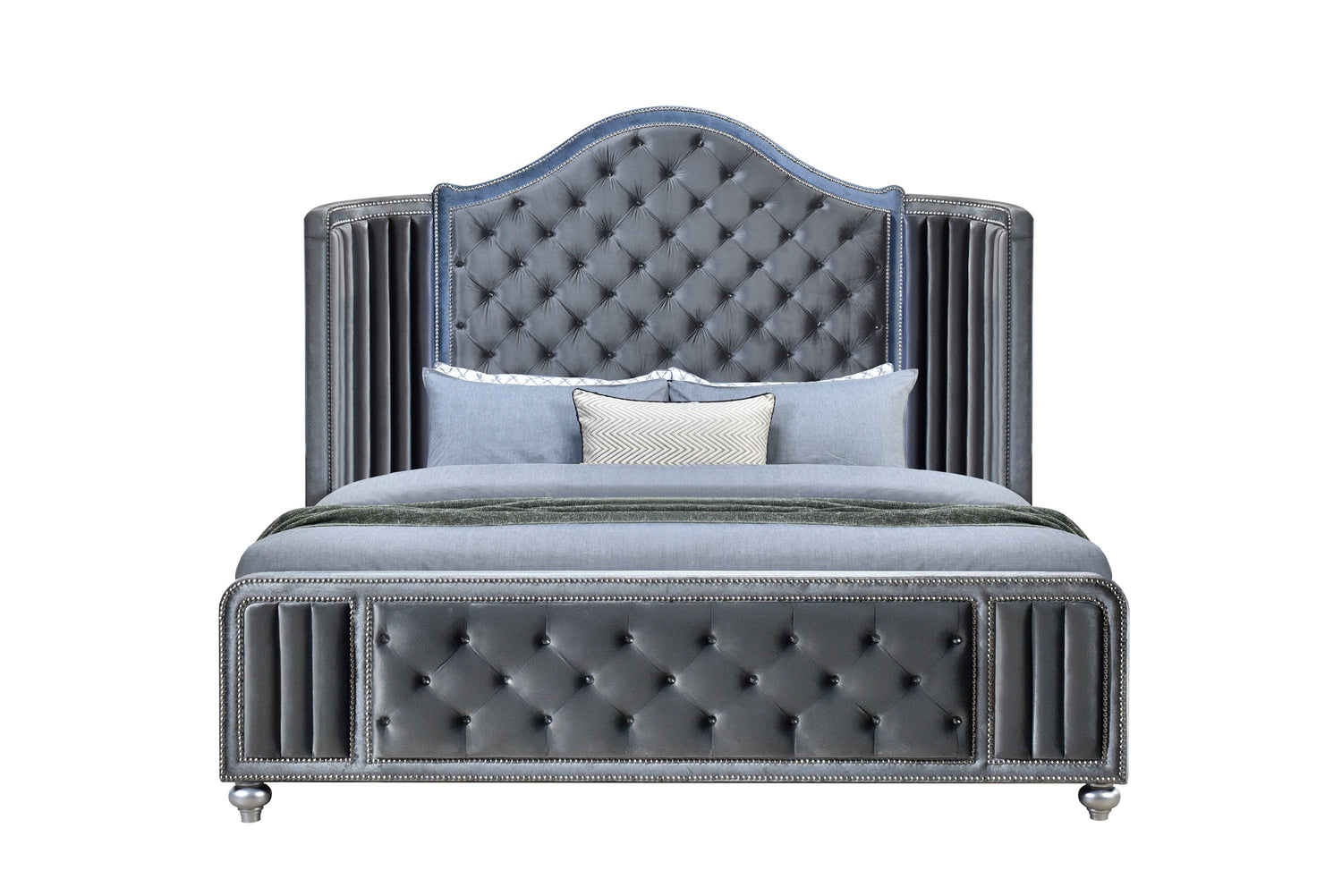 Cameo Gray Upholstered Wingback Panel Bedroom Set - SET | B2150-Q-HB | B2150-Q-FB | B2150-KQ-RAIL | B2150-Q-HBWG | B2100-2 | B2100-4 - Bien Home Furniture &amp; Electronics