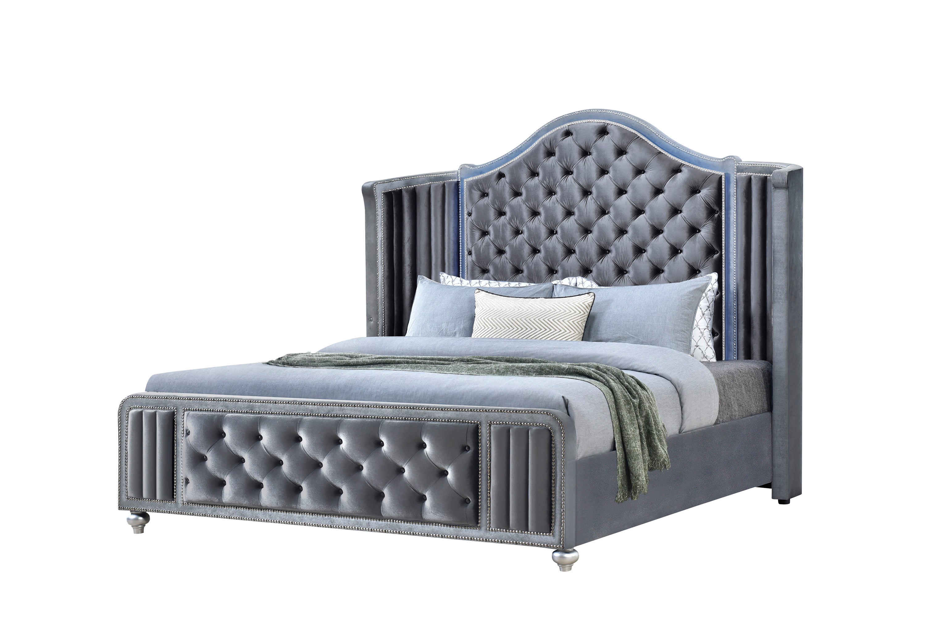 Cameo Gray Upholstered Wingback Panel Bedroom Set - SET | B2150-Q-HB | B2150-Q-FB | B2150-KQ-RAIL | B2150-Q-HBWG | B2100-2 | B2100-4 - Bien Home Furniture &amp; Electronics