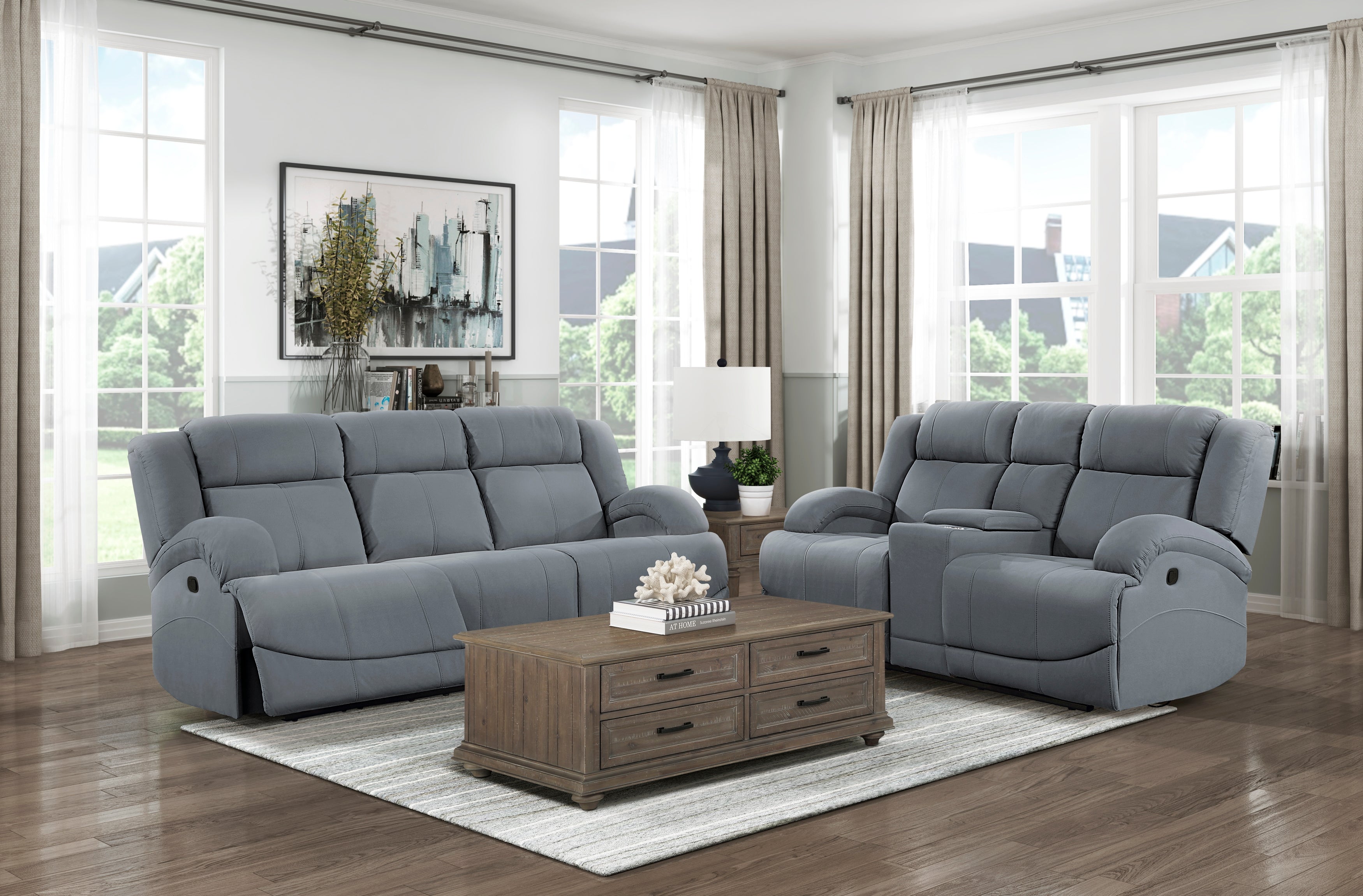 Camryn Graphite Blue Double Reclining Loveseat with Center Console - 9207GPB-2 - Bien Home Furniture &amp; Electronics