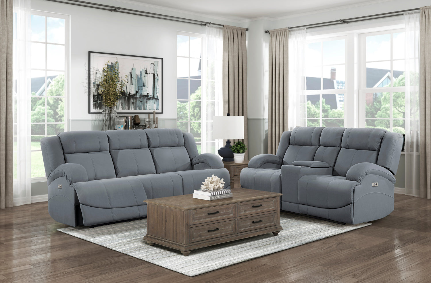 Camryn Graphite Blue Power Double Reclining Sofa - 9207GPB-3PW - Bien Home Furniture &amp; Electronics