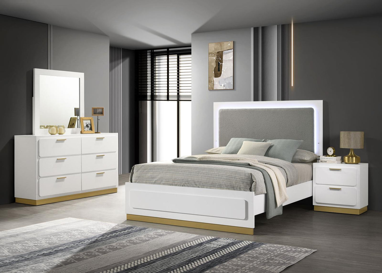 Caraway 4-piece Eastern King Bedroom Set with LED Headboard White and Grey - 224771KE-S4 - Bien Home Furniture &amp; Electronics