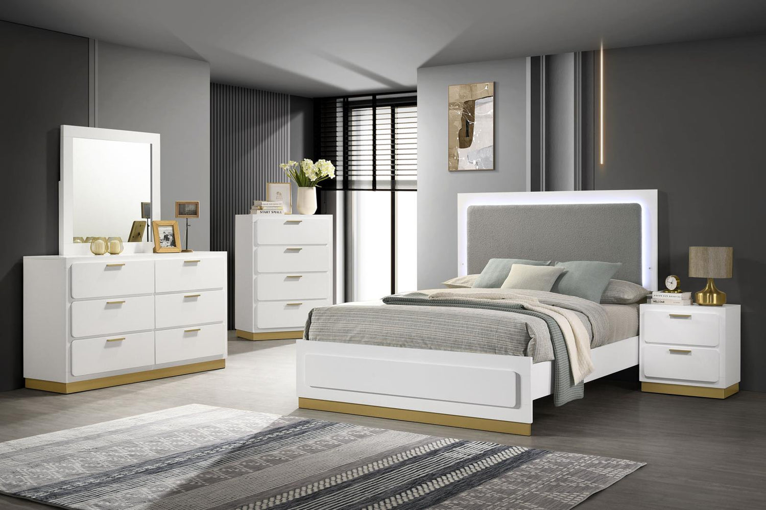 Caraway 5-piece Eastern King Bedroom Set with LED Headboard White and Grey - 224771KE-S5 - Bien Home Furniture &amp; Electronics