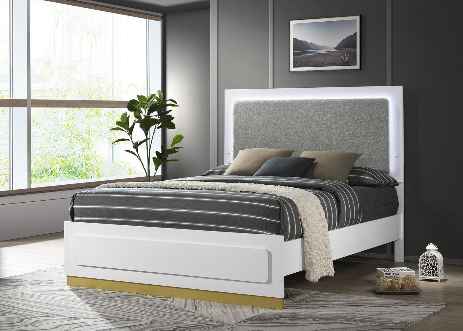 Caraway Queen Bed with LED Headboard White and Grey - 224771Q - Bien Home Furniture &amp; Electronics