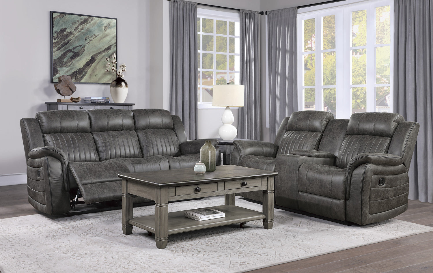 Centeroak Brownish Gray Double Reclining Loveseat with Center Console - 9479BRG-2 - Bien Home Furniture &amp; Electronics