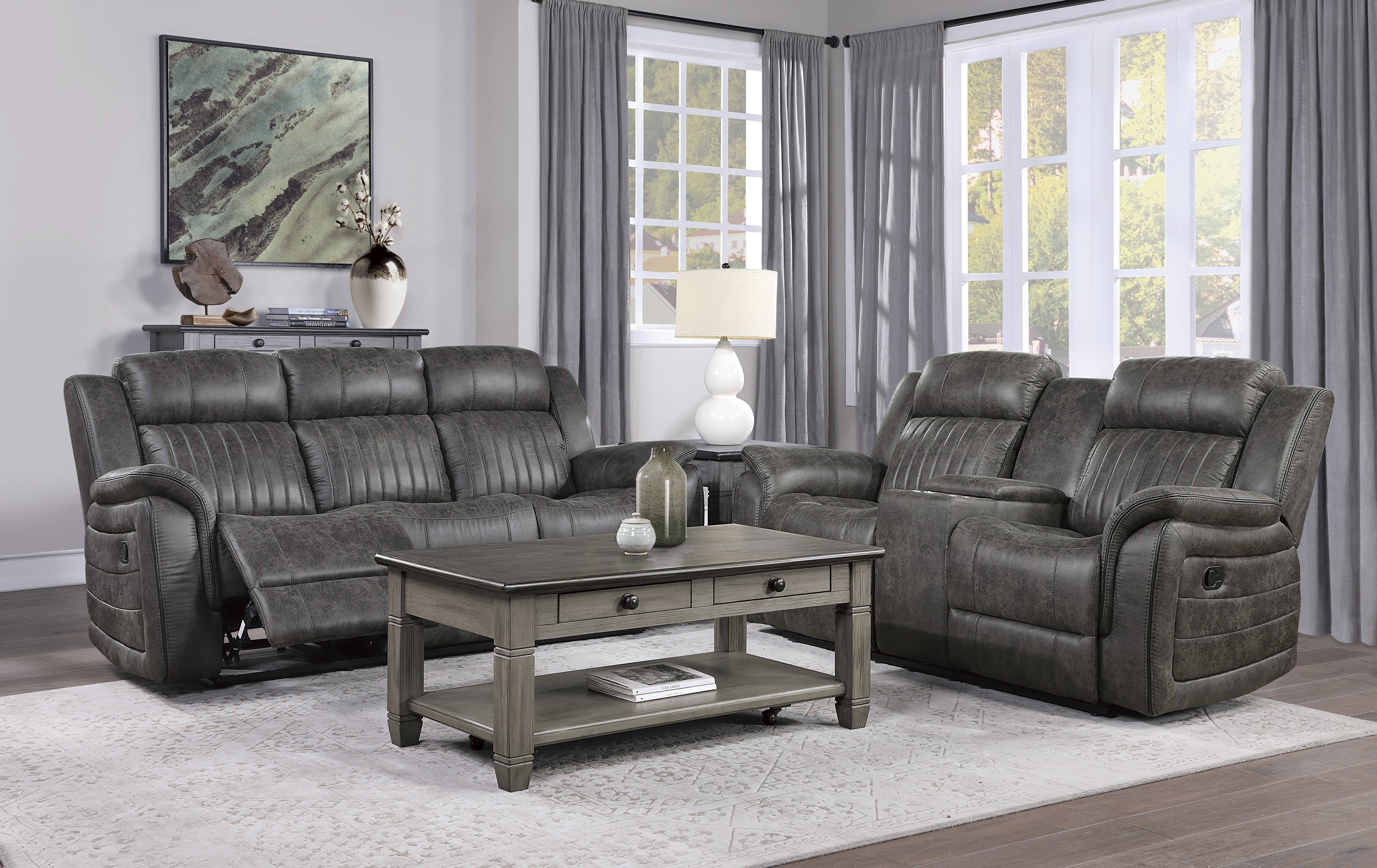 Centeroak Brownish Gray Double Reclining Loveseat with Center Console - 9479BRG-2 - Bien Home Furniture &amp; Electronics