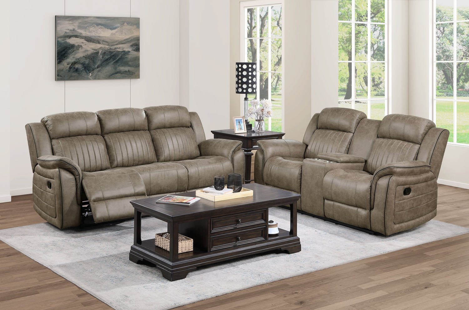 Centeroak Sandy Brown Double Reclining Loveseat with Center Console - 9479SDB-2 - Bien Home Furniture &amp; Electronics