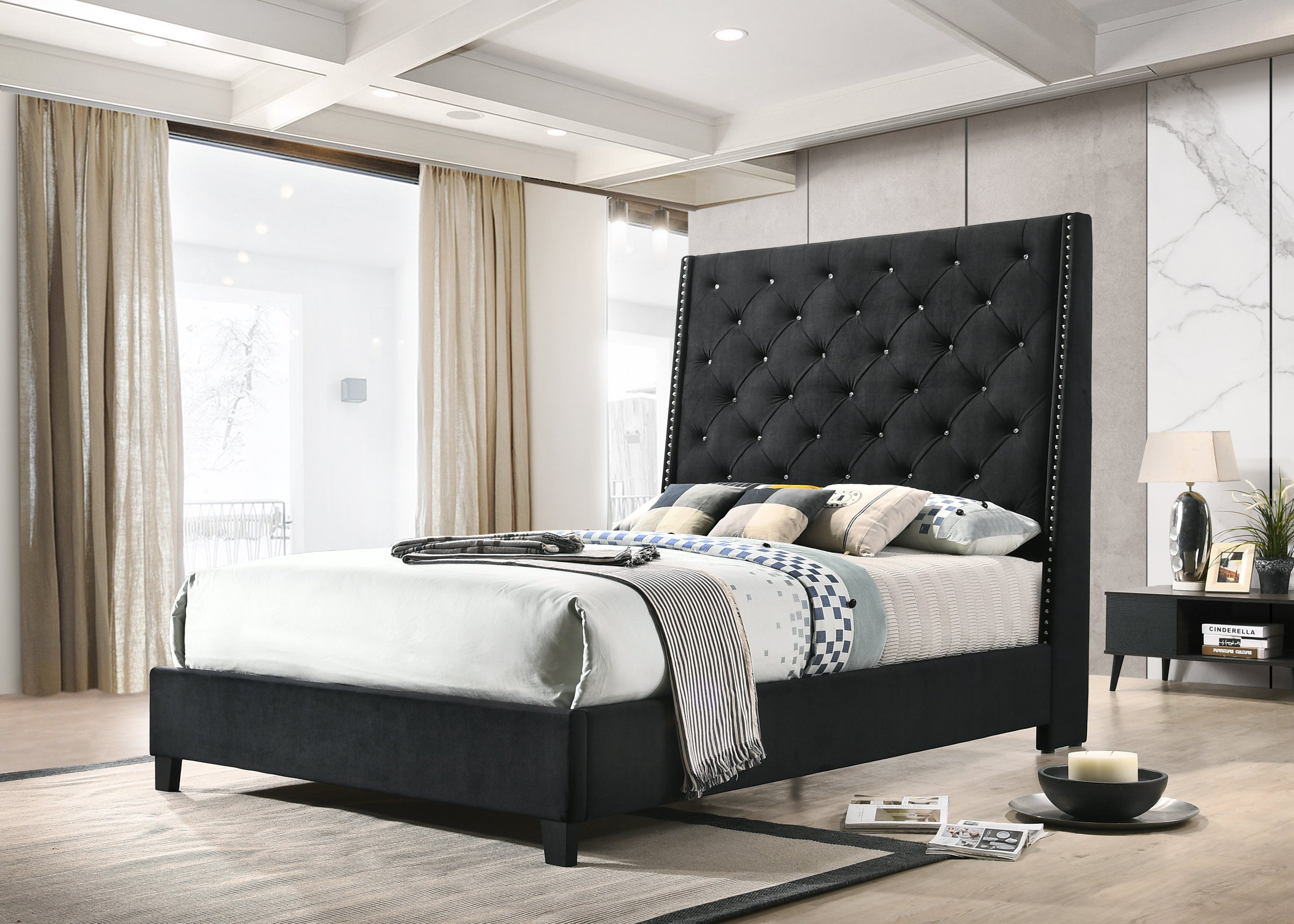 Chantilly Black Velvet Queen Upholstered Bed - SET | 5265BK-Q-HB | 5265BK-Q-FRW - Bien Home Furniture &amp; Electronics