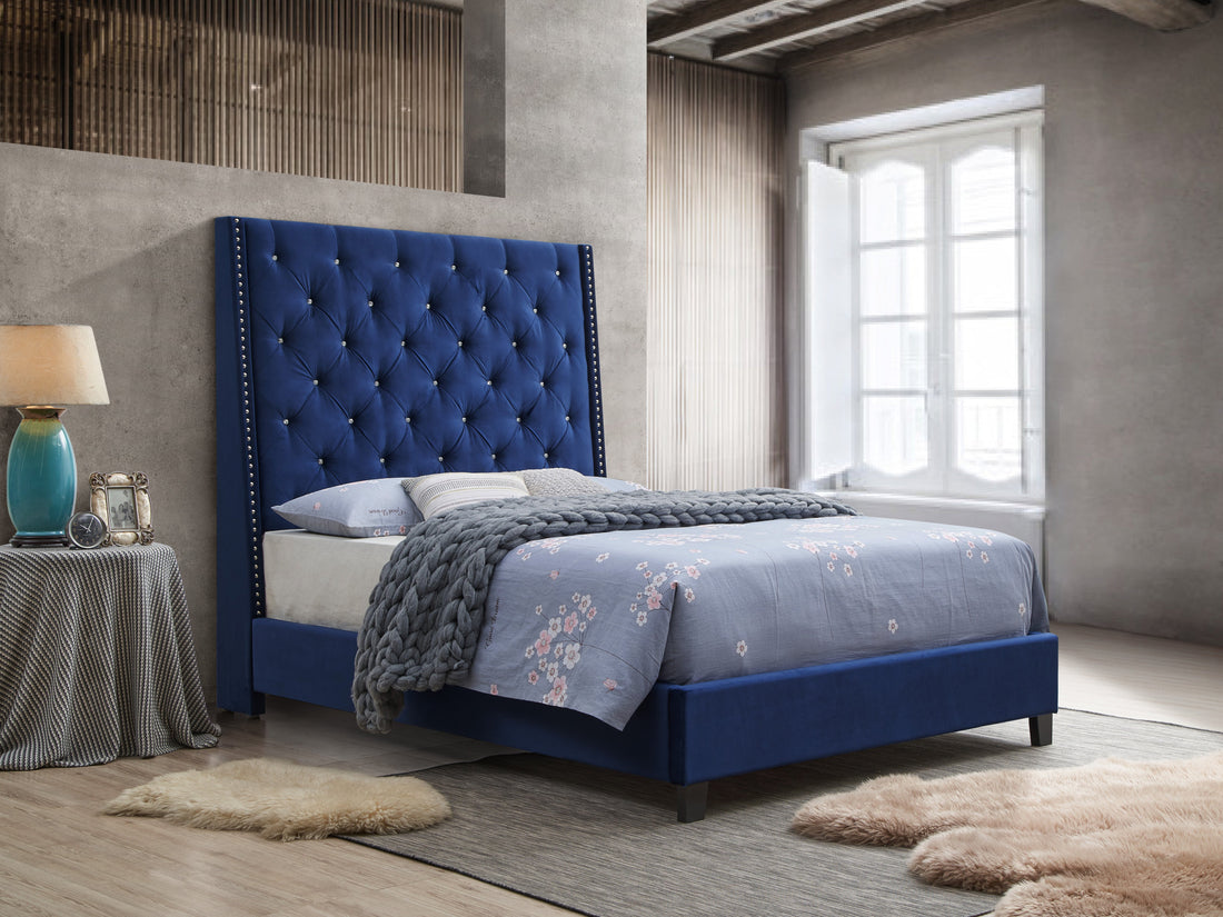 Chantilly Royal Blue Velvet King Upholstered Bed - SET | 5265RB-K-HB | 5265RB-K-FRW - Bien Home Furniture &amp; Electronics