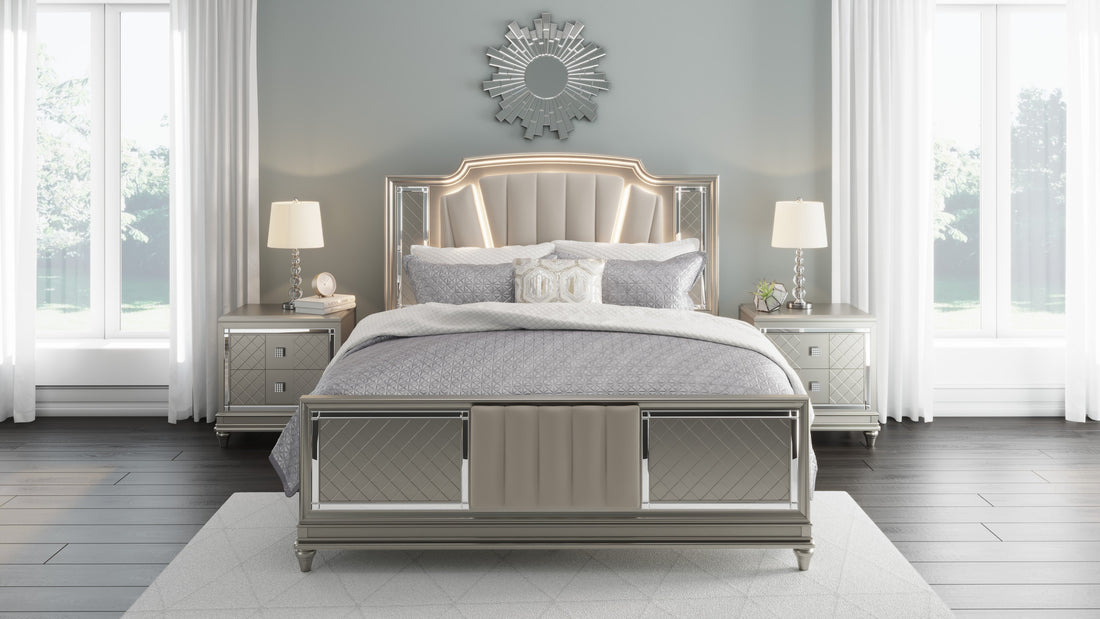 Chevanna Platinum LED Upholstered Panel Bedroom Set - SET | B744-54 | B744-57 | B744-96 | B744-92 | B744-46 - Bien Home Furniture &amp; Electronics