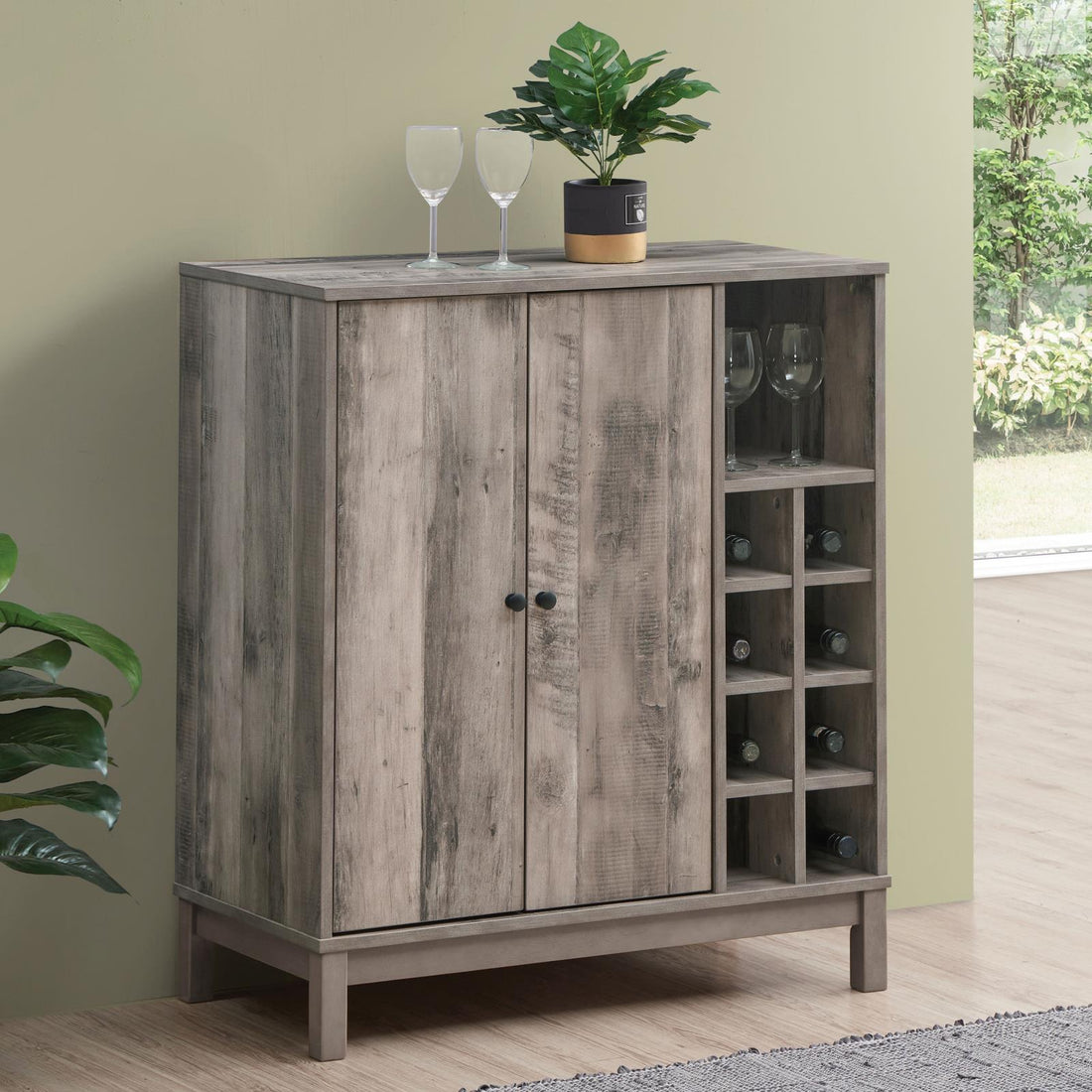 Cheyenne Weathered Acacia 2-Door Wine Cabinet with Stemware Rack - 183600 - Bien Home Furniture &amp; Electronics