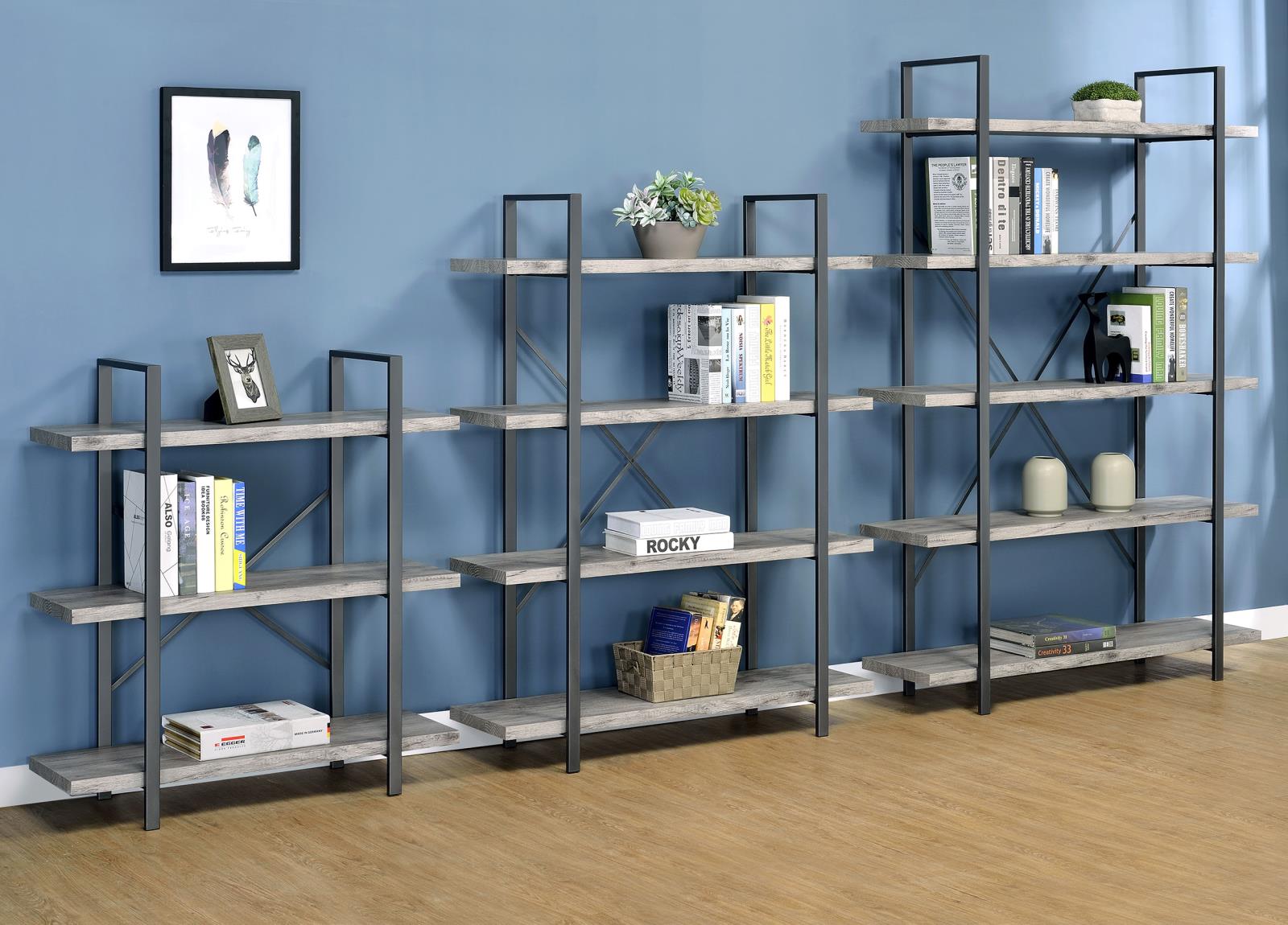 Cole Gray Driftwood/Gunmetal 3-Shelf Bookcase - 805815 - Bien Home Furniture &amp; Electronics