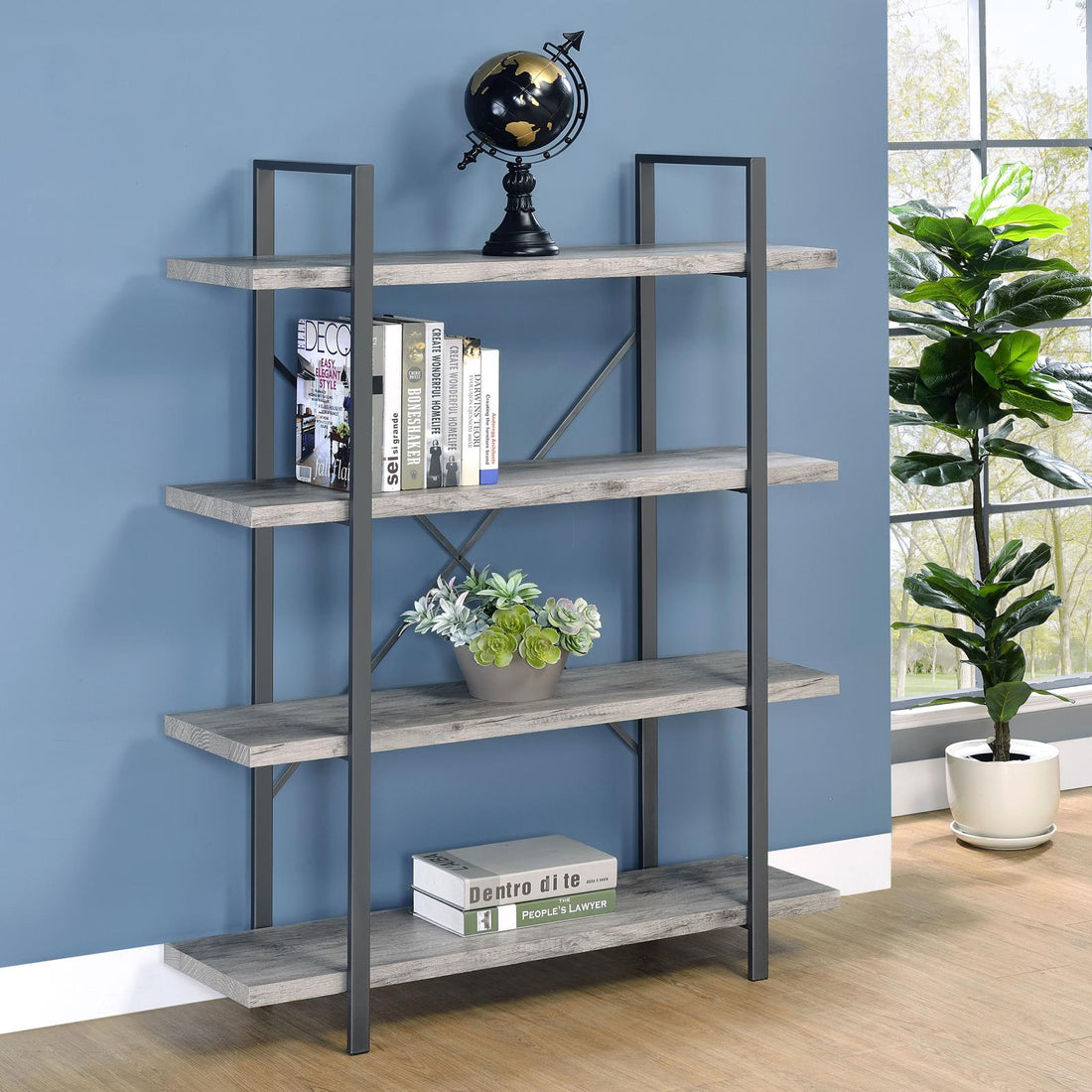 Cole Gray Driftwood/Gunmetal 4-Shelf Bookcase - 805816 - Bien Home Furniture &amp; Electronics