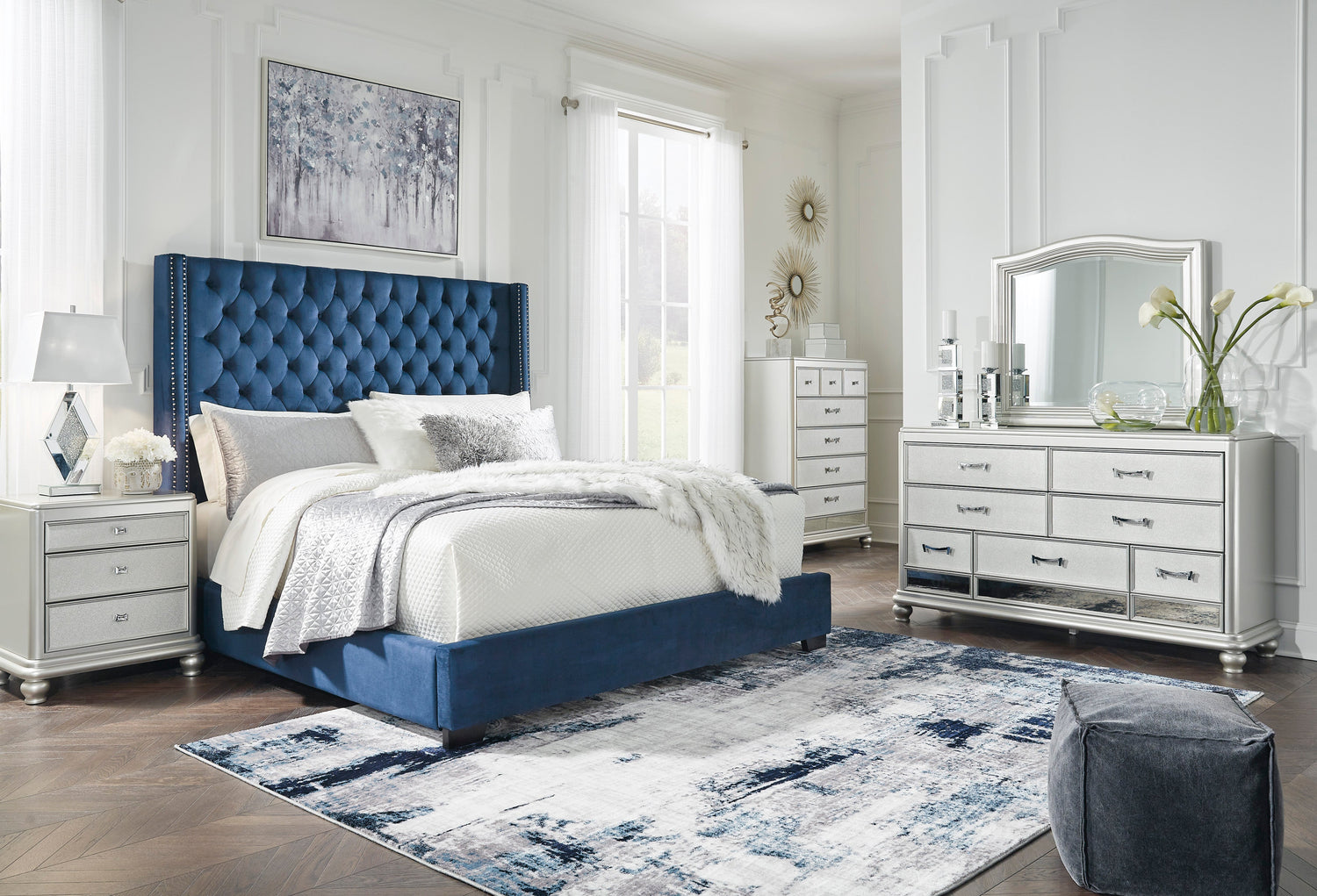 Coralayne Blue Velvet/Silver Upholstered Bedroom Set - SET | B650-174 | B650-177 | B650-31 | B650-136 | B650-93 | B650-46 - Bien Home Furniture &amp; Electronics