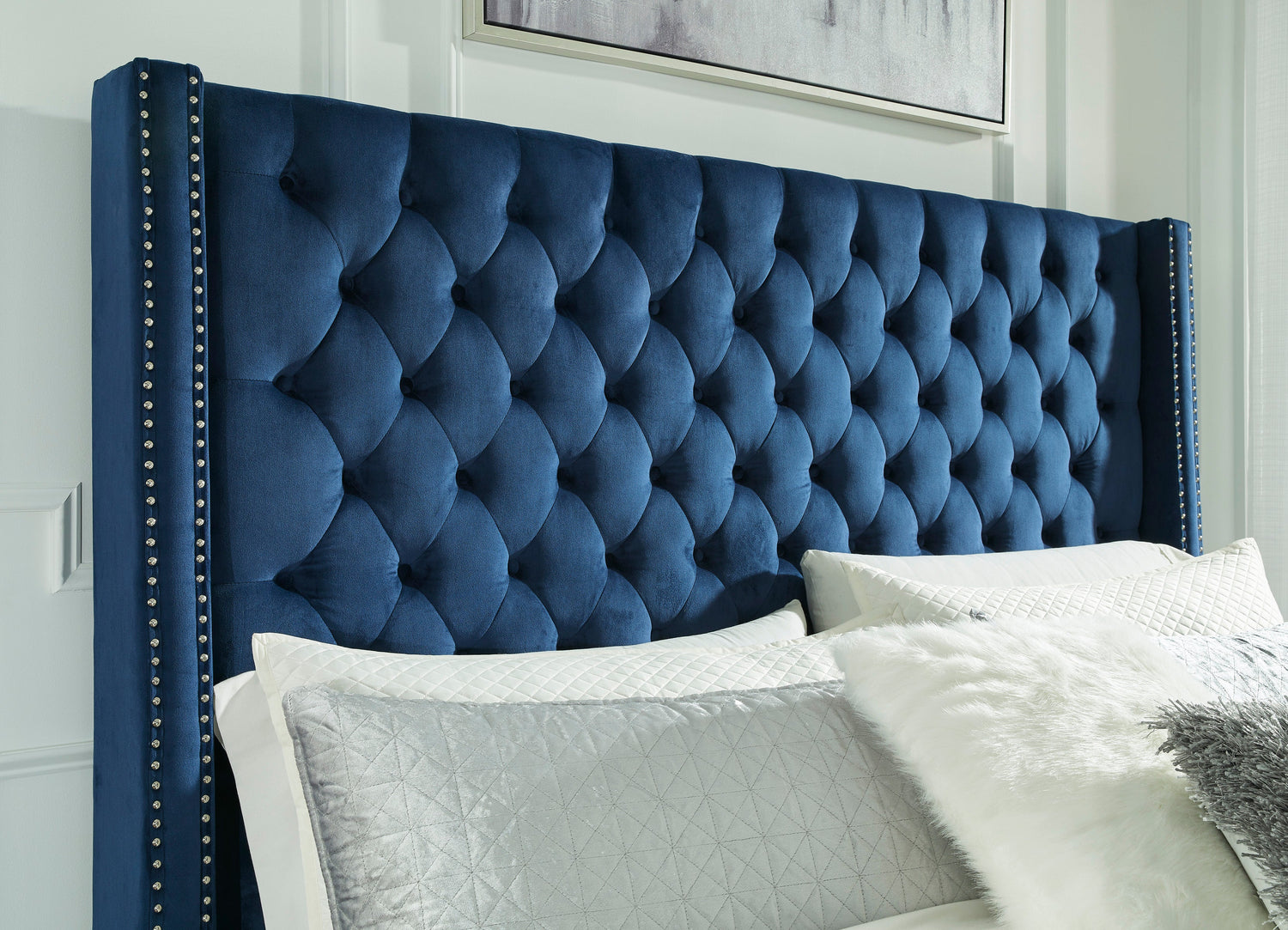 Coralayne Blue Velvet/Silver Upholstered Bedroom Set - SET | B650-174 | B650-177 | B650-31 | B650-136 | B650-93 | B650-46 - Bien Home Furniture &amp; Electronics