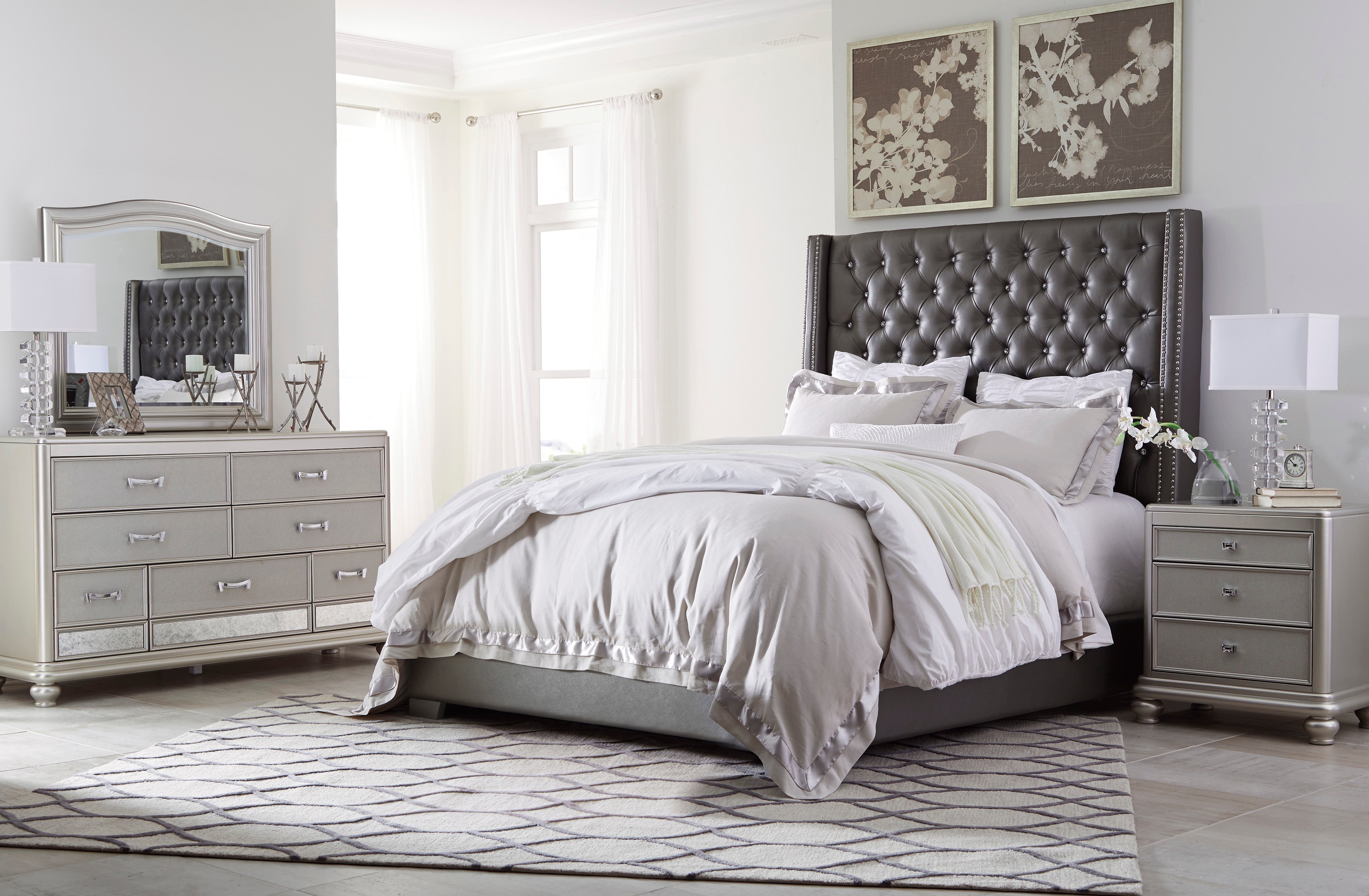 Coralayne Gray/Silver Upholstered Bedroom Set - SET | B650-74 | B650-77 | B650-93 | B650-46 - Bien Home Furniture &amp; Electronics