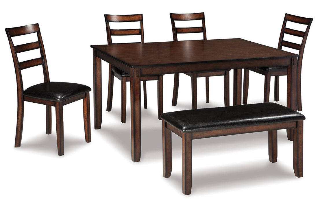 Coviar Brown Dining Table and Chairs with Bench, Set of 6 - D385-325 - Bien Home Furniture &amp; Electronics