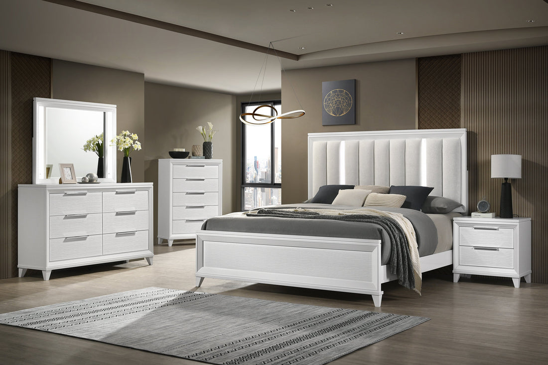 Cressida White King Upholstered LED Panel Bed - SET | B7300-K-HB | B7300-K-FB | B7300-KQ-RAIL | - Bien Home Furniture &amp; Electronics
