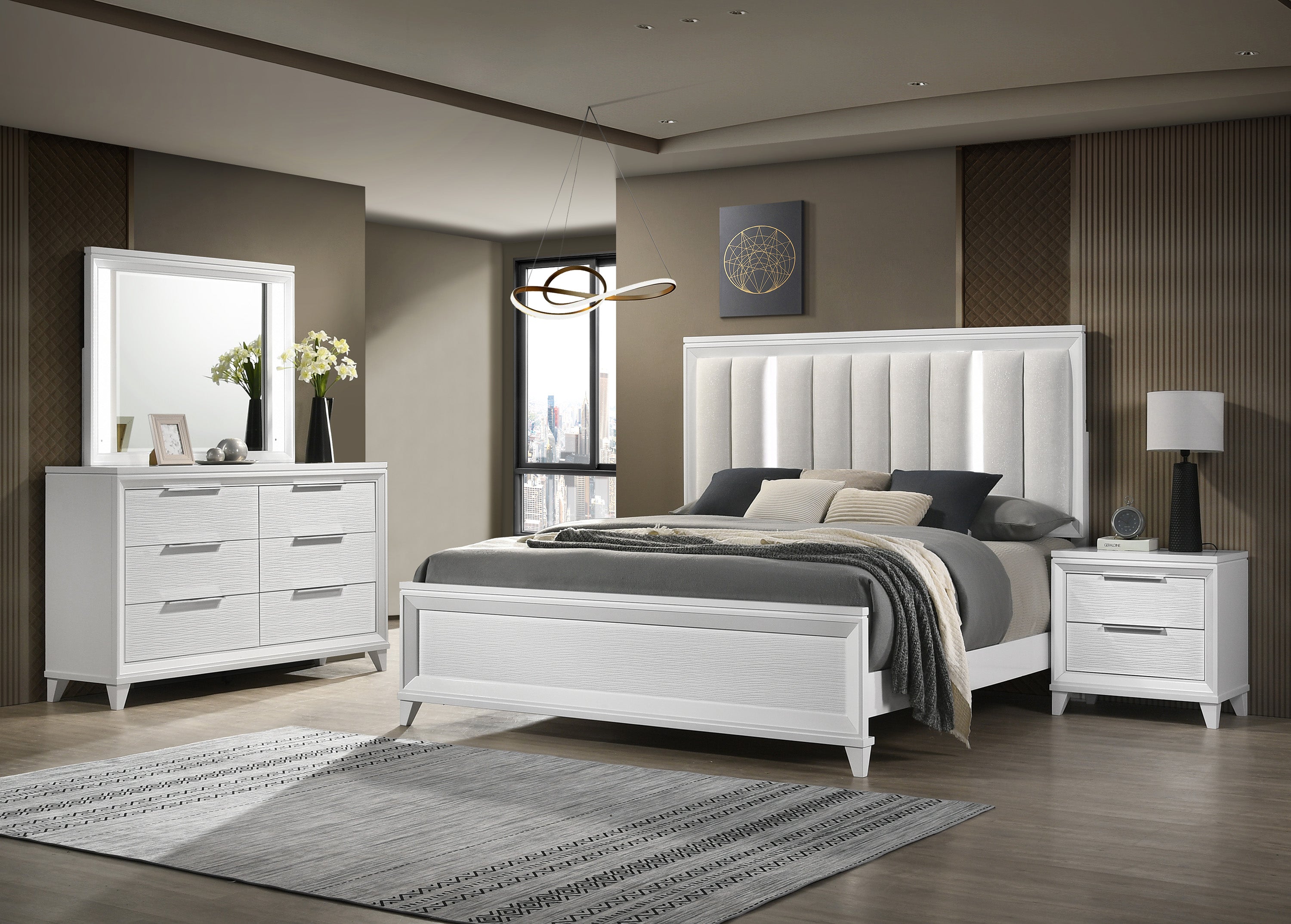 Cressida White Queen Upholstered LED Panel Bed - SET | B7300-Q-HB | B7300-Q-FB | B7300-KQ-RAIL | - Bien Home Furniture &amp; Electronics