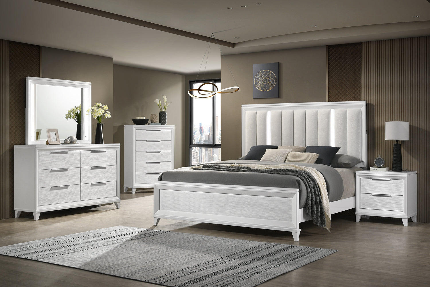 Cressida White Queen Upholstered LED Panel Bed - SET | B7300-Q-HB | B7300-Q-FB | B7300-KQ-RAIL | - Bien Home Furniture &amp; Electronics