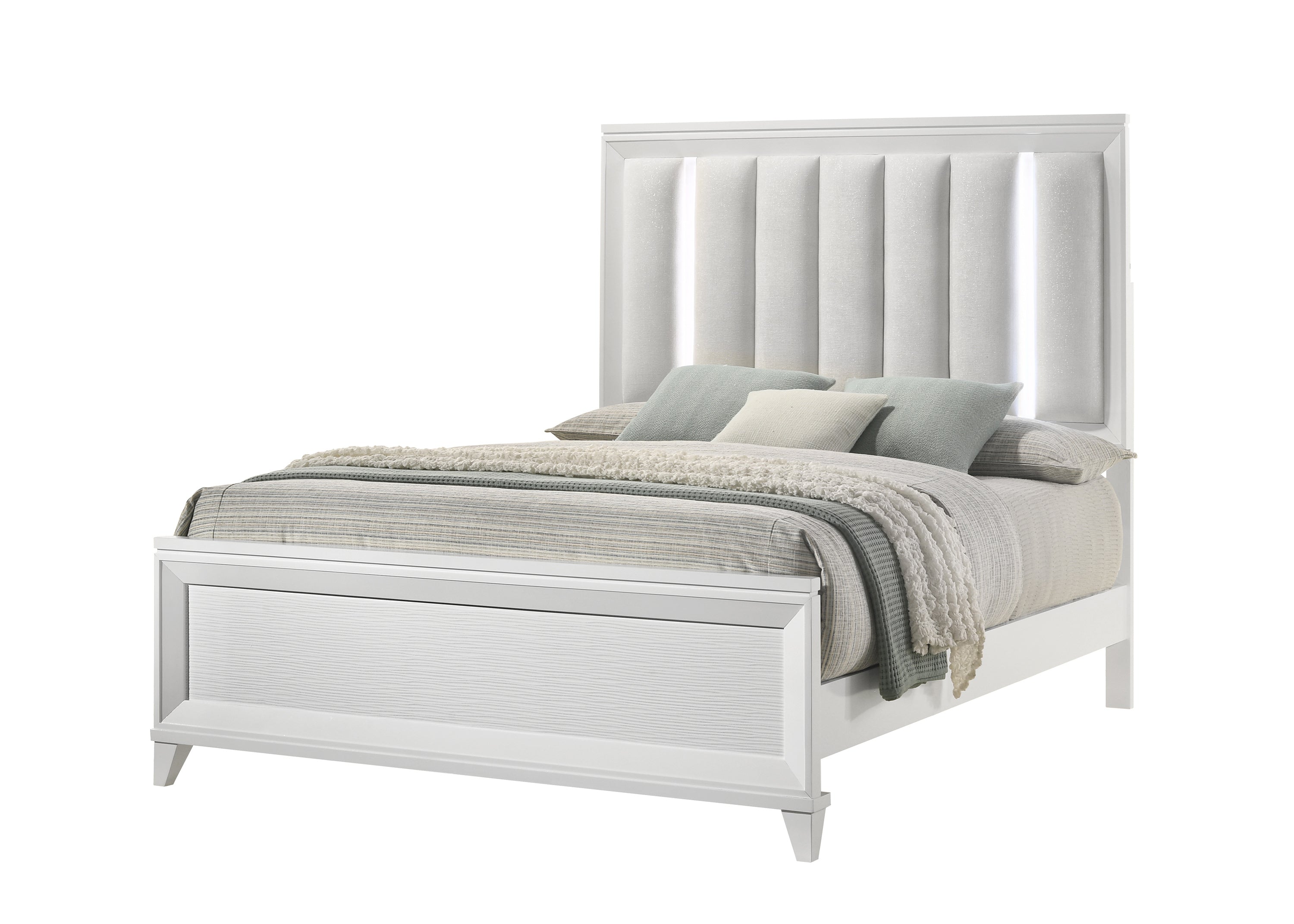 Cressida White Upholstered LED Panel Bedroom Set - SET | B7300-Q-HB | B7300-Q-FB | B7300-KQ-RAIL | B7300-2 | B7300-4 - Bien Home Furniture &amp; Electronics