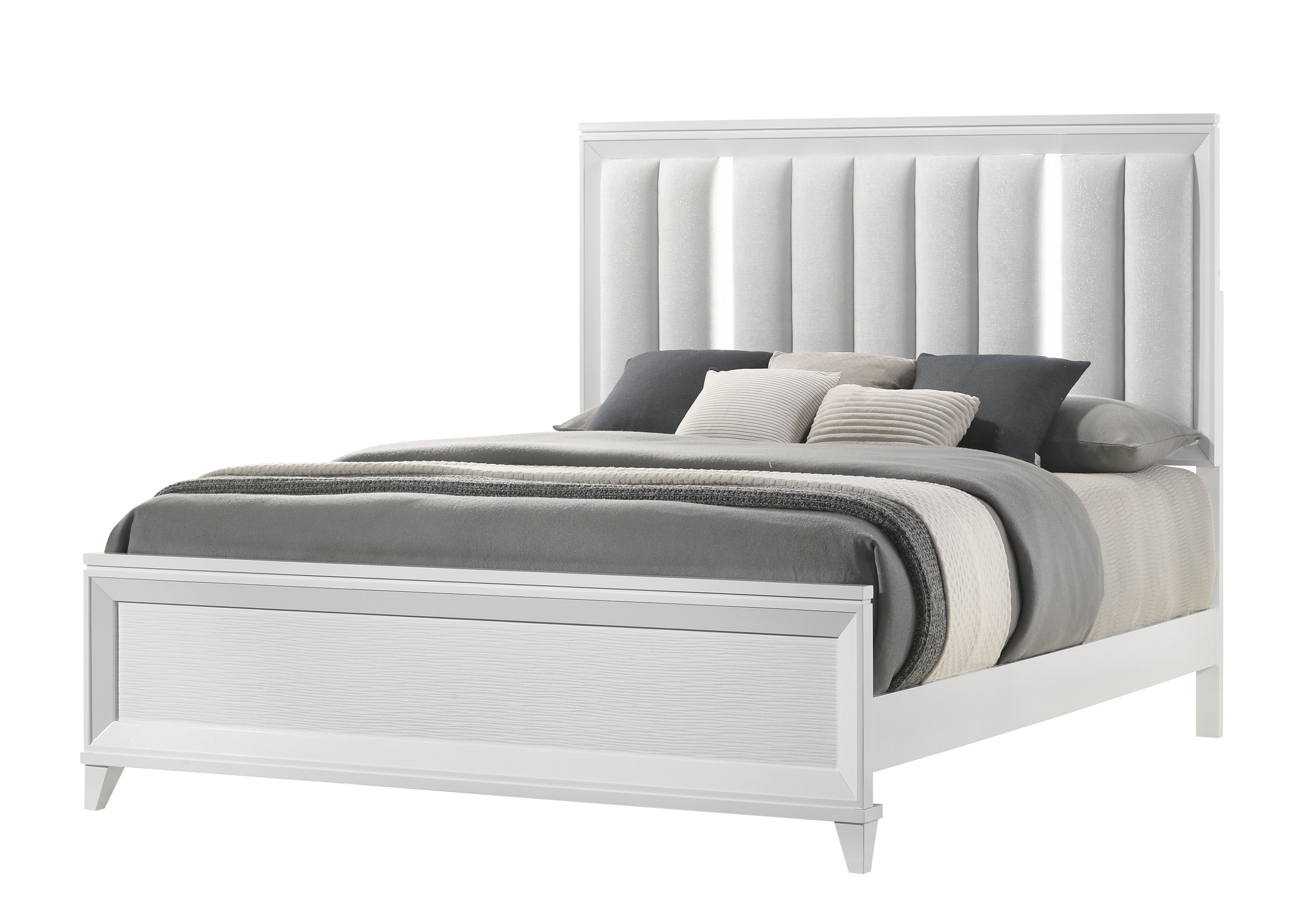 Cressida White Upholstered LED Panel Bedroom Set - SET | B7300-Q-HB | B7300-Q-FB | B7300-KQ-RAIL | B7300-2 | B7300-4 - Bien Home Furniture &amp; Electronics