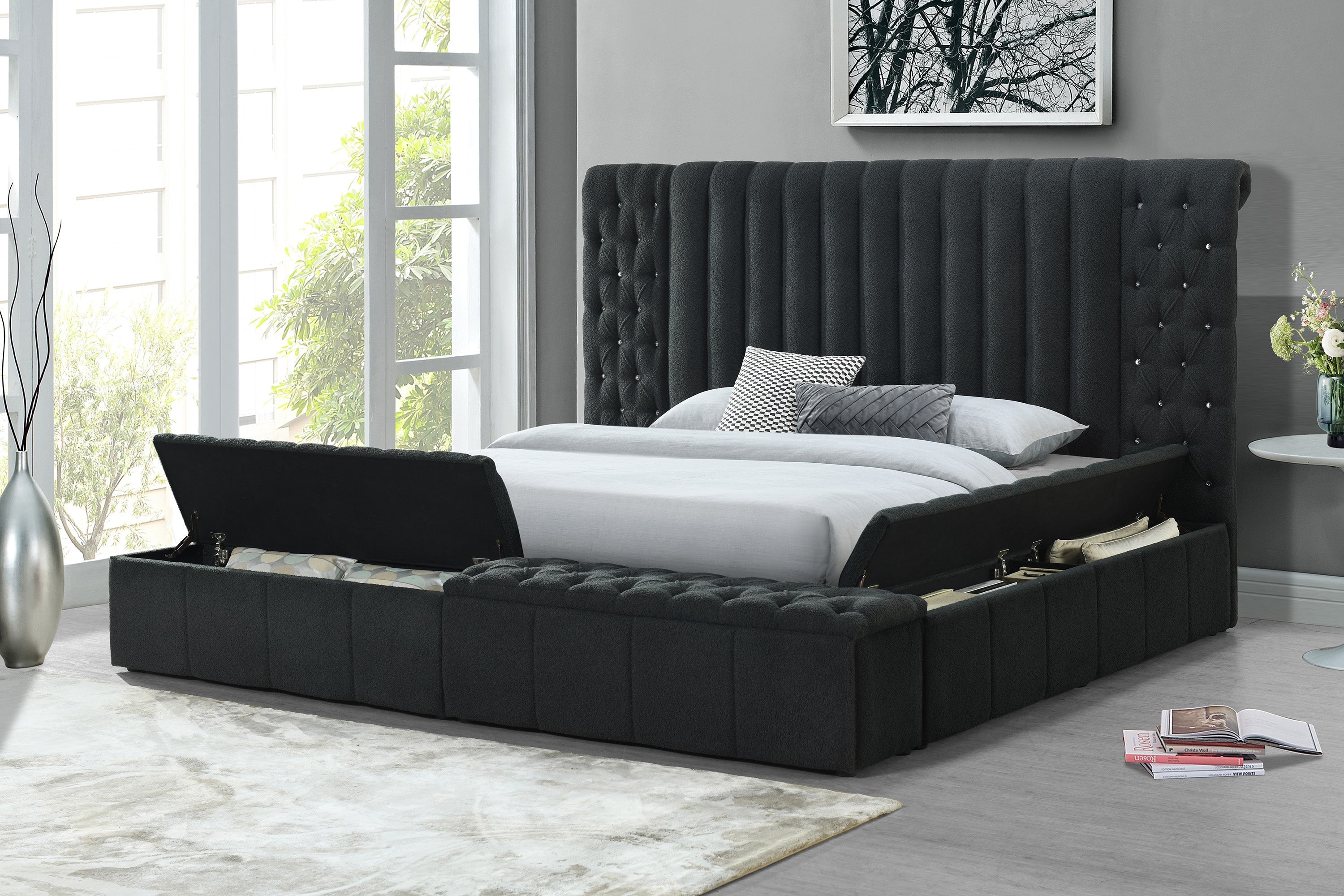 Danbury Charcoal Boucle Queen Upholstered Storage Panel Bed - SET | 5201CL-Q-HB | 5201CL-Q-FB | 5201CL-KQ-HBPL | 5201CL-KQ-RL-L | 5201CL-KQ-RL-R - Bien Home Furniture &amp; Electronics