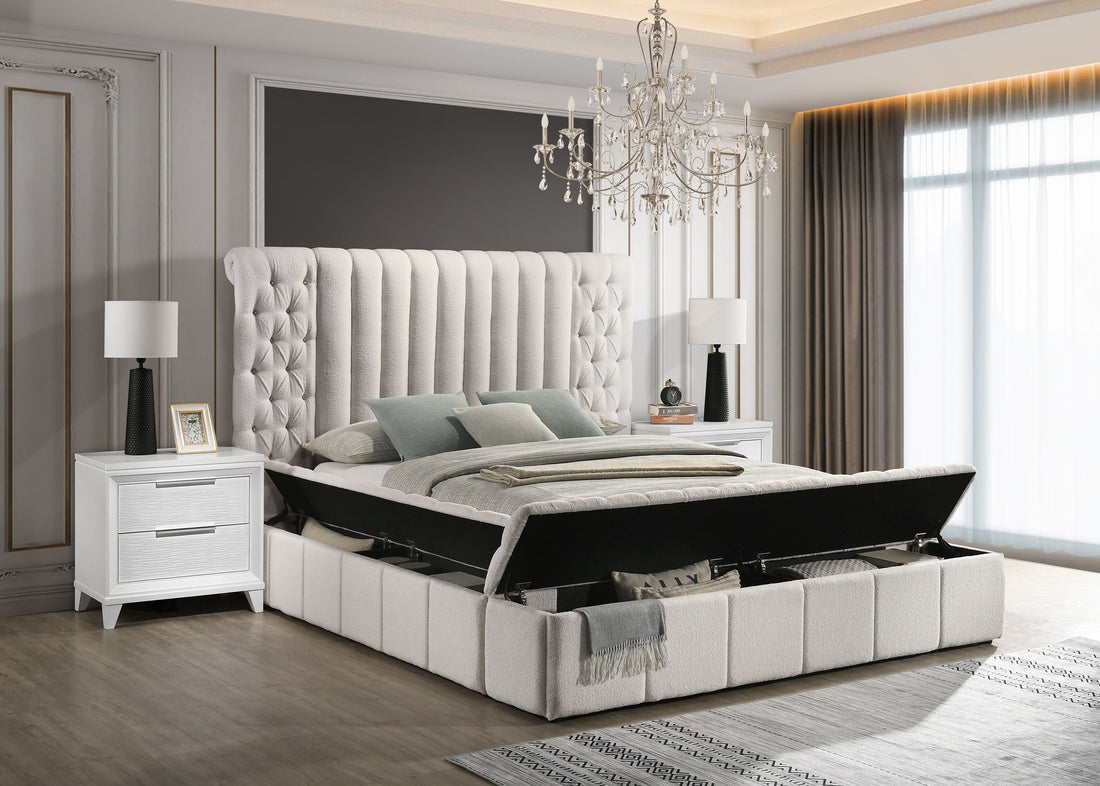 Danbury White Boucle King Upholstered Storage Panel Bed - SET | 5201WH-K-HB | 5201WH-K-FB | 5201WH-KQ-HBPL | 5201WH-KQ-RL-L | 5201WH-KQ-RL-R - Bien Home Furniture &amp; Electronics