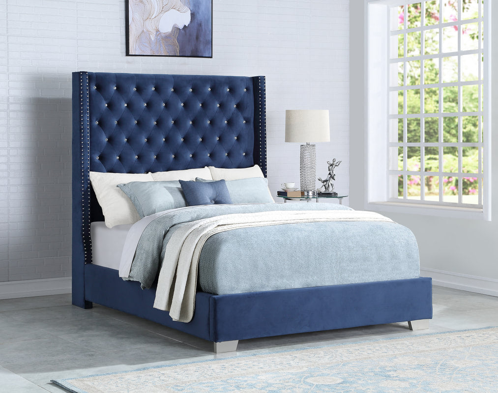 Diamond Tufted Velvet Blue 6 FT King Bed - HH327 - Blue Velvet King - Bien Home Furniture &amp; Electronics