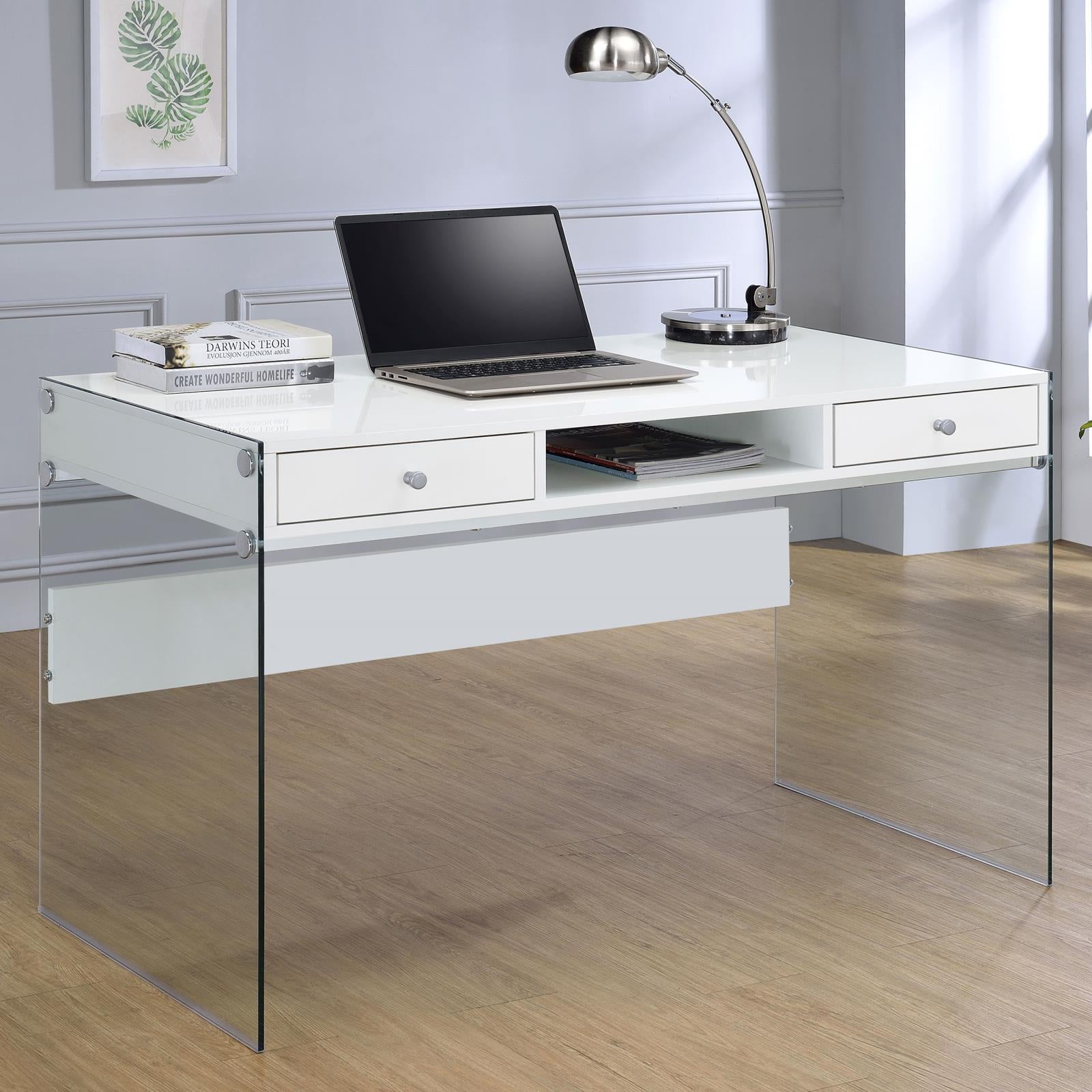 Dobrev Glossy White/Clear 2-Drawer Writing Desk - 800829 - Bien Home Furniture &amp; Electronics