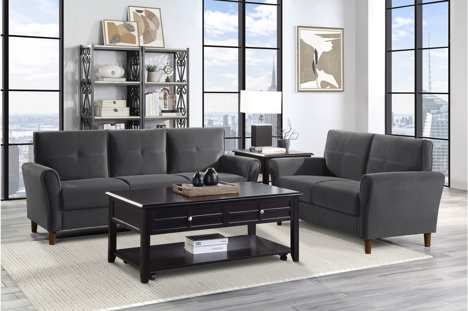 Dunleith Charcoal Gray Velvet Living Room Set - SET | 9348BUE-2 | 9348BUE-3 - Bien Home Furniture &amp; Electronics