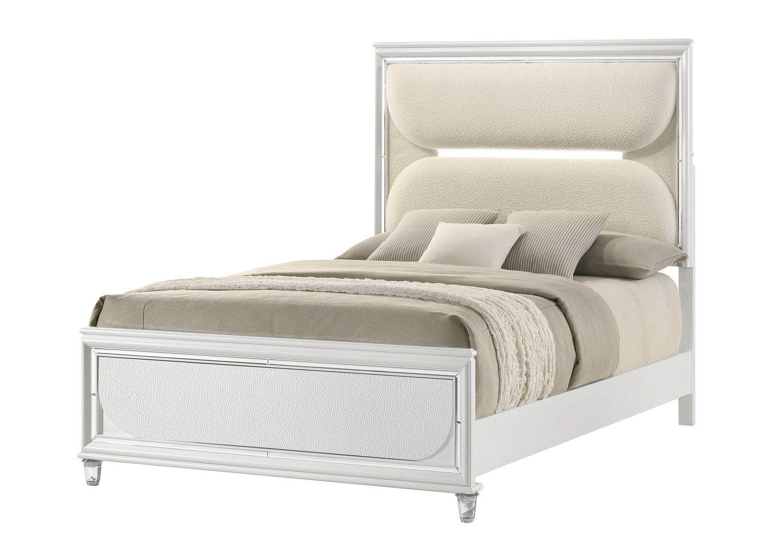 Eden White Boucle Upholstered LED Panel Bedroom Set - SET | B7400-Q-HB | B7400-Q-FB | B7400-KQ-RAIL | B7400-2 | B7400-4 - Bien Home Furniture &amp; Electronics