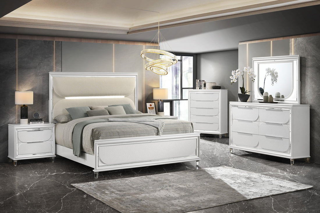 Eden White King Boucle Upholstered LED Panel Bed - SET | B7400-K-HB | B7400-K-FB | B7400-KQ-RAIL | - Bien Home Furniture &amp; Electronics