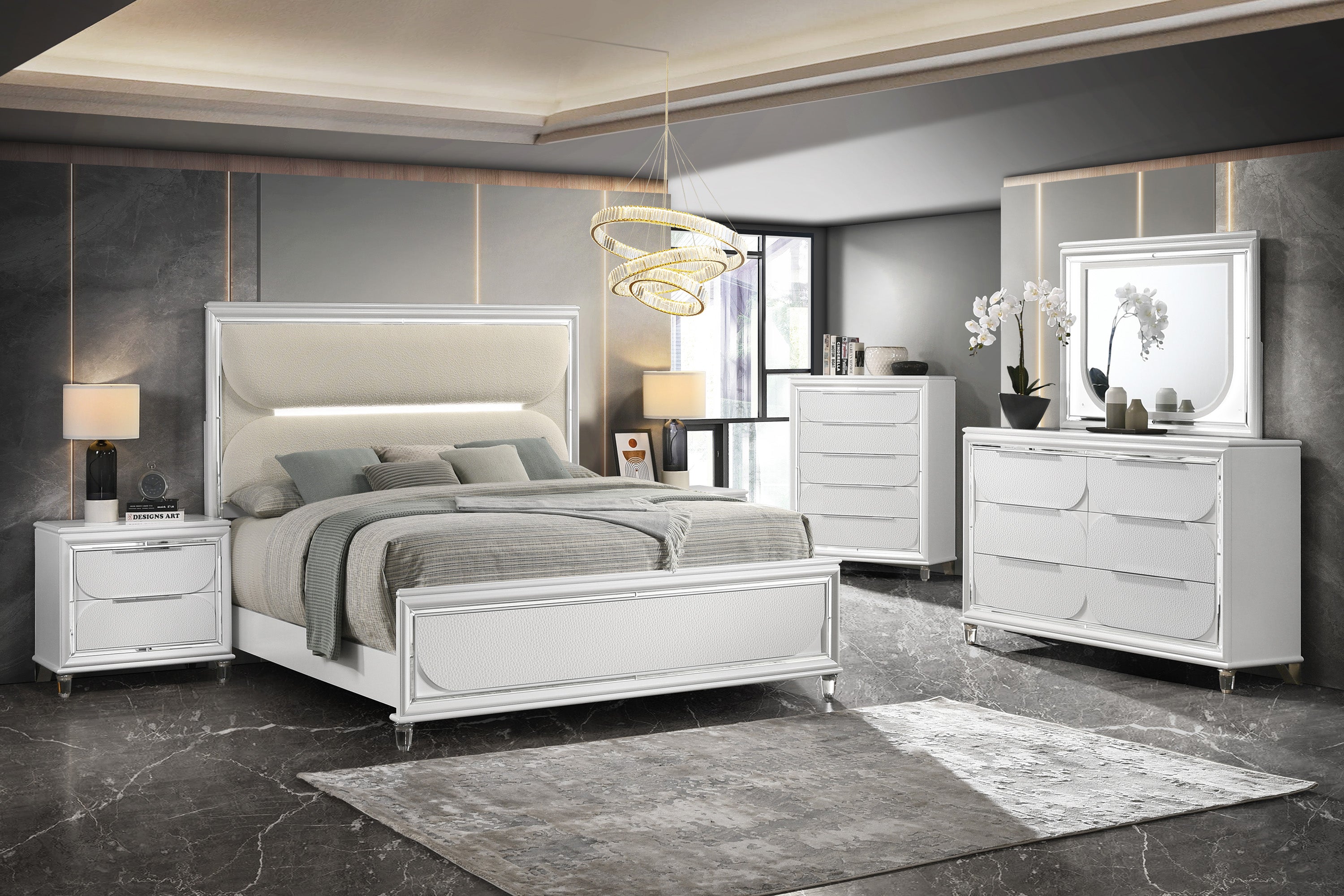 Eden White Queen Boucle Upholstered LED Panel Bed - SET | B7400-Q-HB | B7400-Q-FB | B7400-KQ-RAIL | - Bien Home Furniture &amp; Electronics