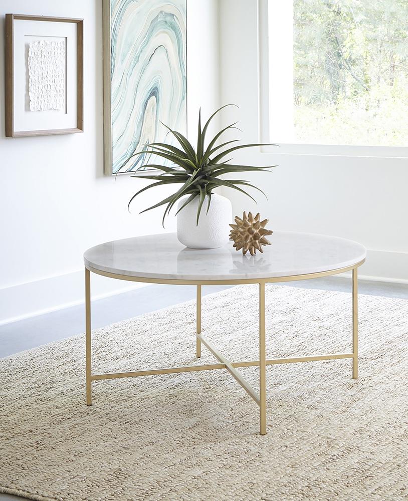 Ellison White/Gold Round X-cross Coffee Table - 723208 - Bien Home Furniture &amp; Electronics