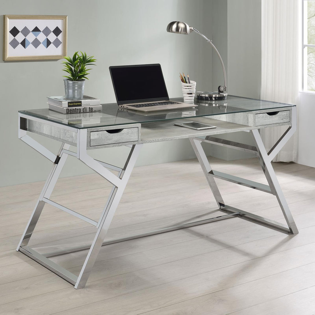 Emelle Gray Driftwood/Chrome 2-Drawer Glass Top Writing Desk - 882116 - Bien Home Furniture &amp; Electronics