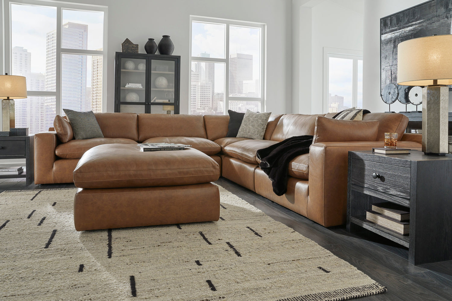 Emilia Caramel Leather 5-Piece Sectional - SET | 3090164 | 3090165 | 3090177 | 3090146 | 3090146 - Bien Home Furniture &amp; Electronics