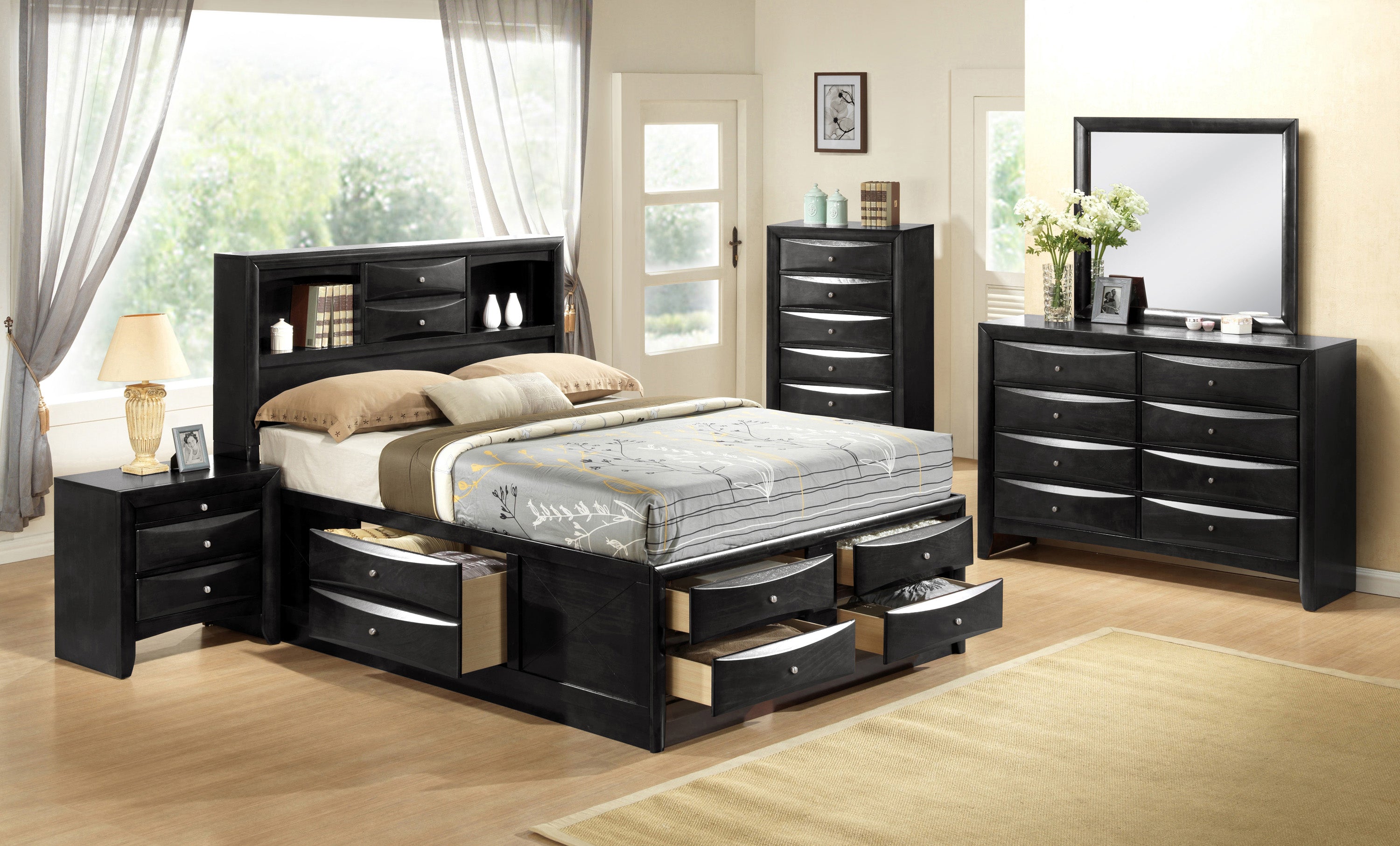 Emily Black Storage Platform Bedroom Set - SET | B4285-K-HBFB | B4285-K-DRW-L | B4285-K-DRW-R | B4285-K-RAIL | B4280-1 | B4280-11 | B4280-2 - Bien Home Furniture &amp; Electronics