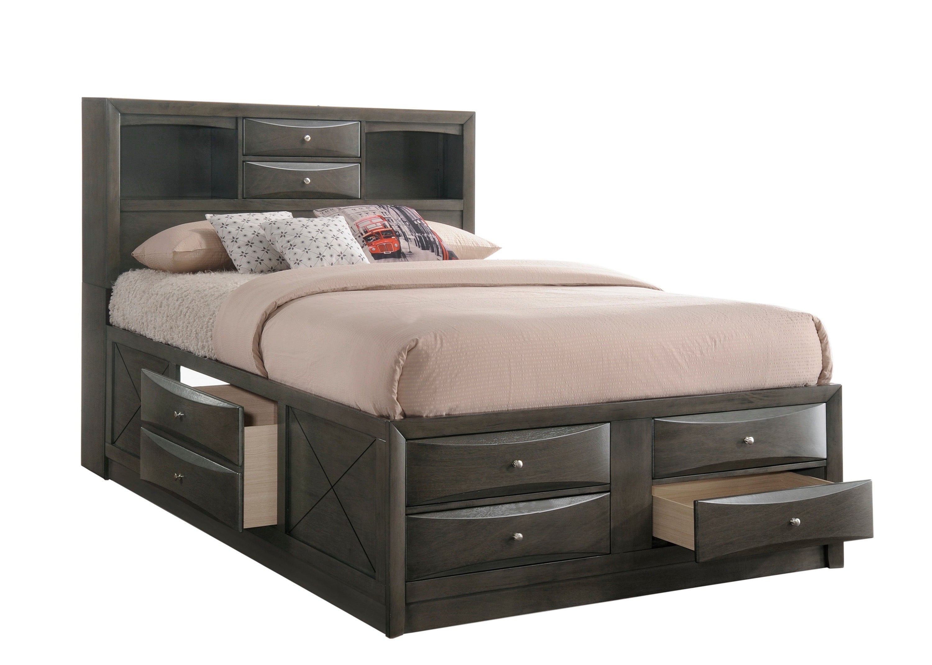 Emily Gray Queen Storage Platform Bed - SET | B4275-Q-HBFB | B4275-Q-DRW-L | B4275-Q-DRW-R | B4275-Q-RAIL - Bien Home Furniture &amp; Electronics