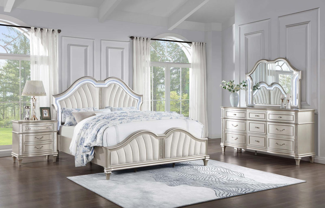 Evangeline 4-Piece Upholstered Platform Eastern King Bedroom Set Ivory/Silver Oak - 223391KE-S4 - Bien Home Furniture &amp; Electronics