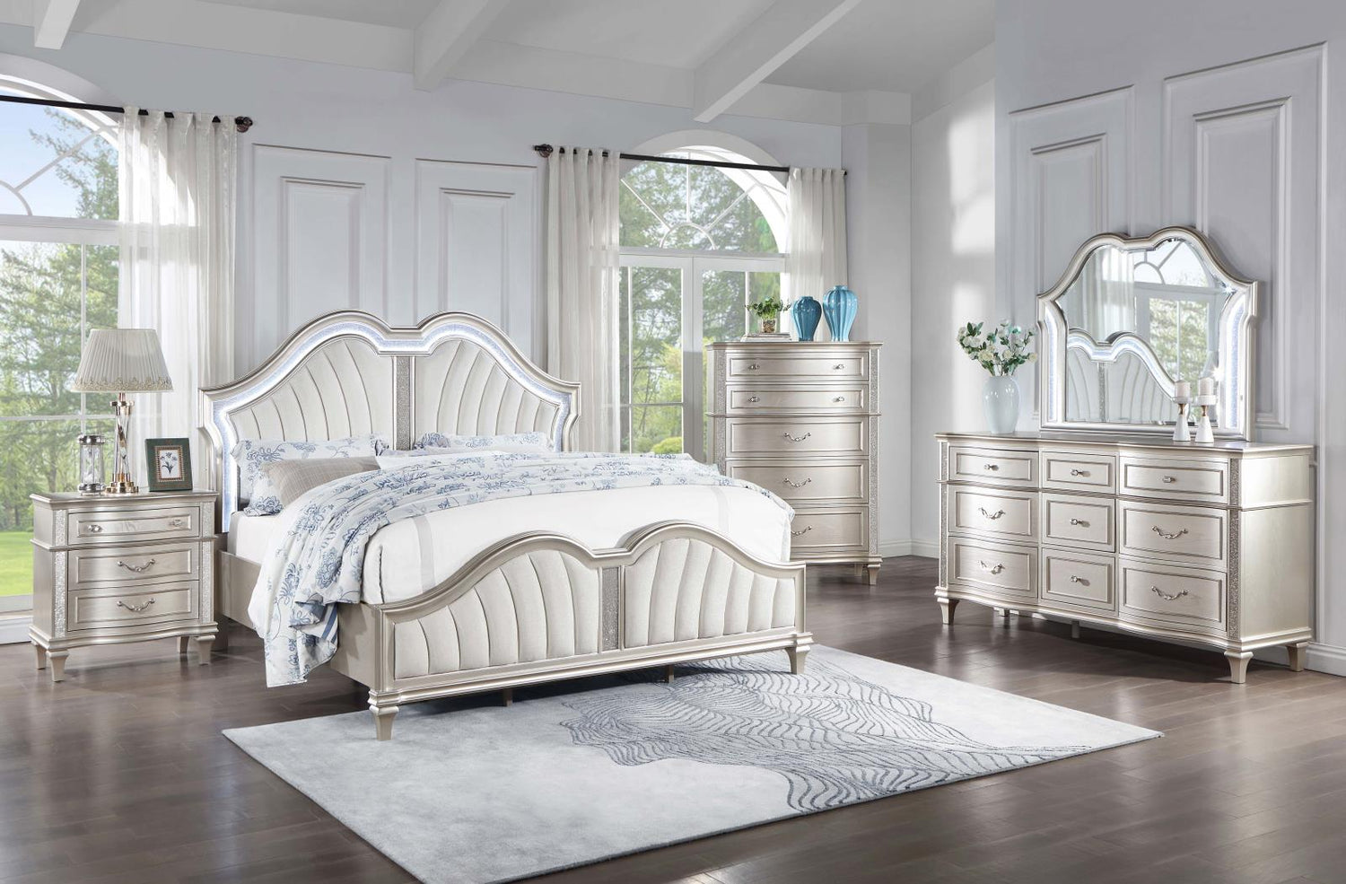 Evangeline 5-Piece Upholstered Platform Eastern King Bedroom Set Ivory/Silver Oak - 223391KE-S5 - Bien Home Furniture &amp; Electronics