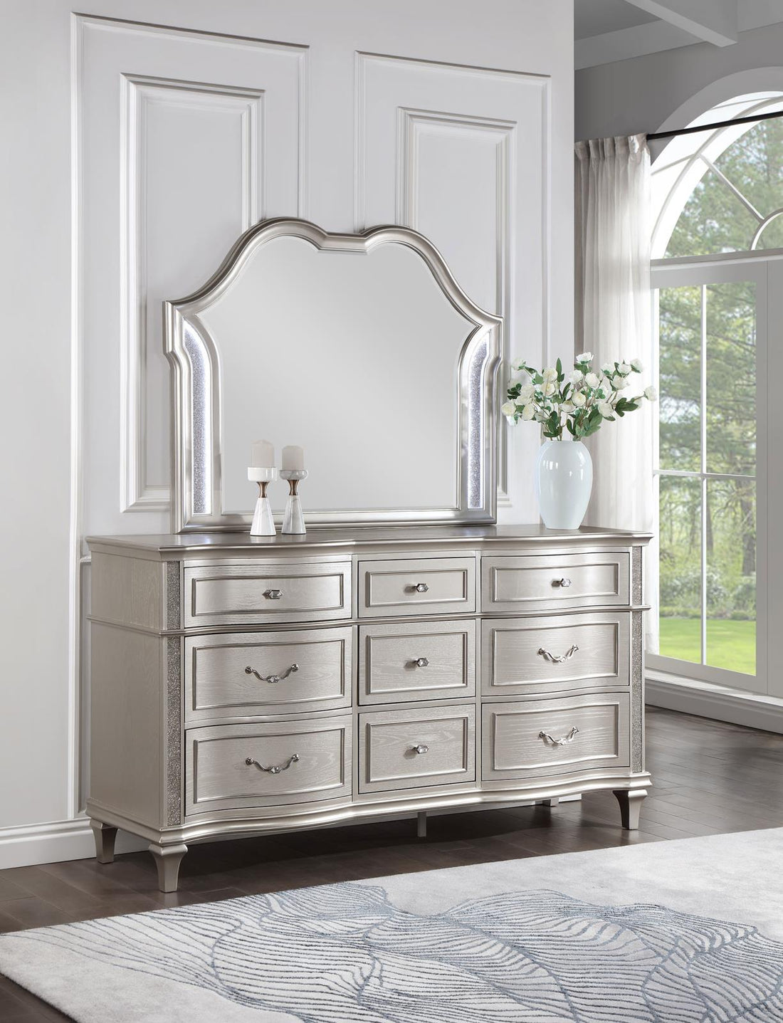 Evangeline 9-drawer Dresser with Mirror Silver Oak - 223393M - Bien Home Furniture &amp; Electronics