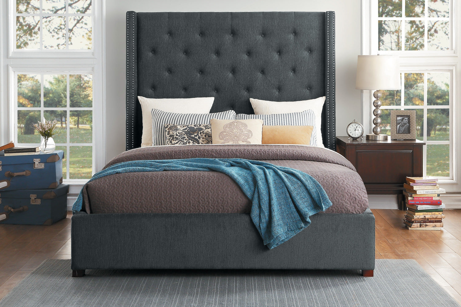 Fairborn Gray King Upholstered Storage Platform Bed - SET | 5877KGY-1 | 5877KGY-3EK | 5877K-2DW - Bien Home Furniture &amp; Electronics