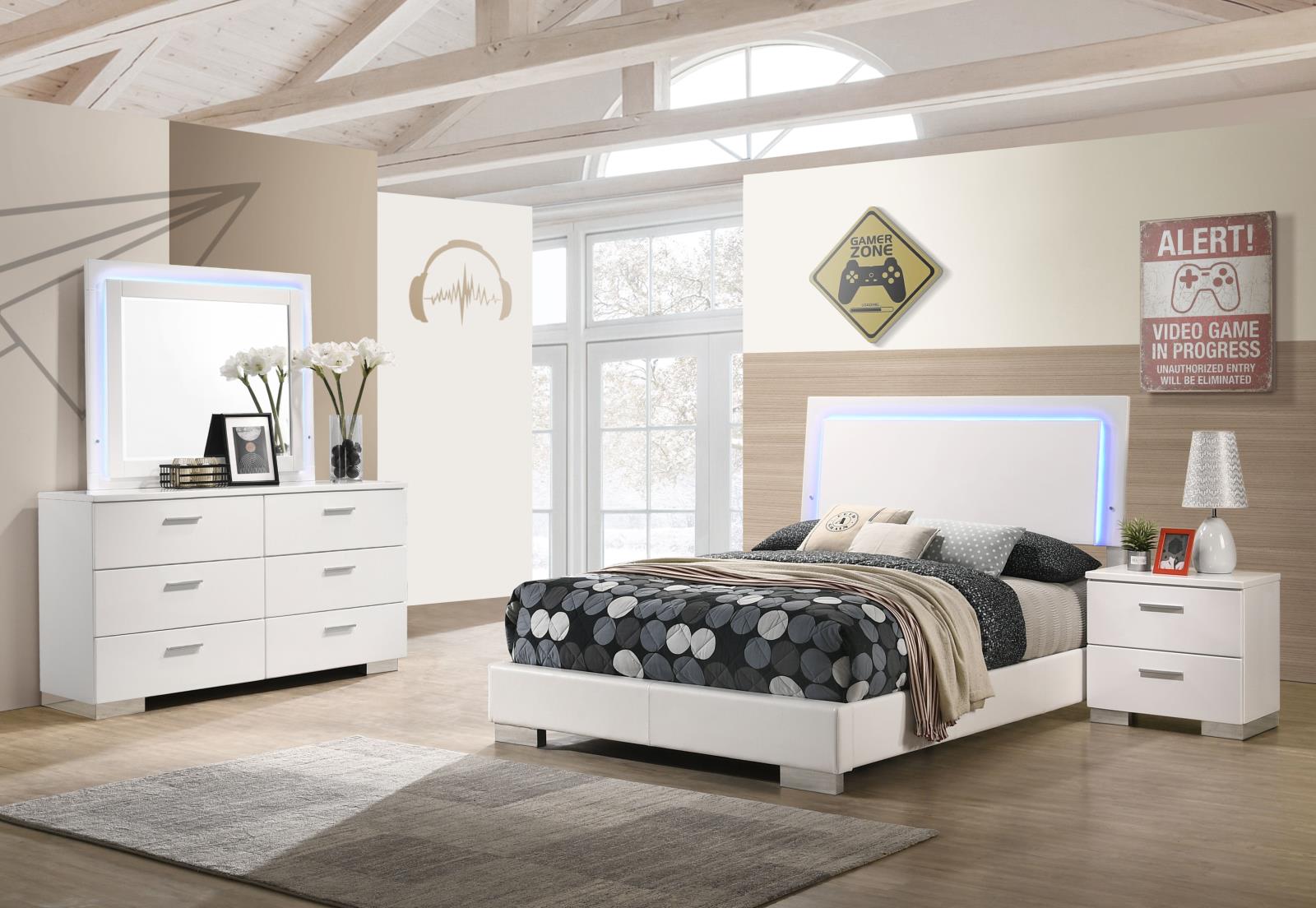 Felicity 4-piece Full Bedroom Set with LED Headboard and Mirror Glossy White - 203500F-S4L - Bien Home Furniture &amp; Electronics