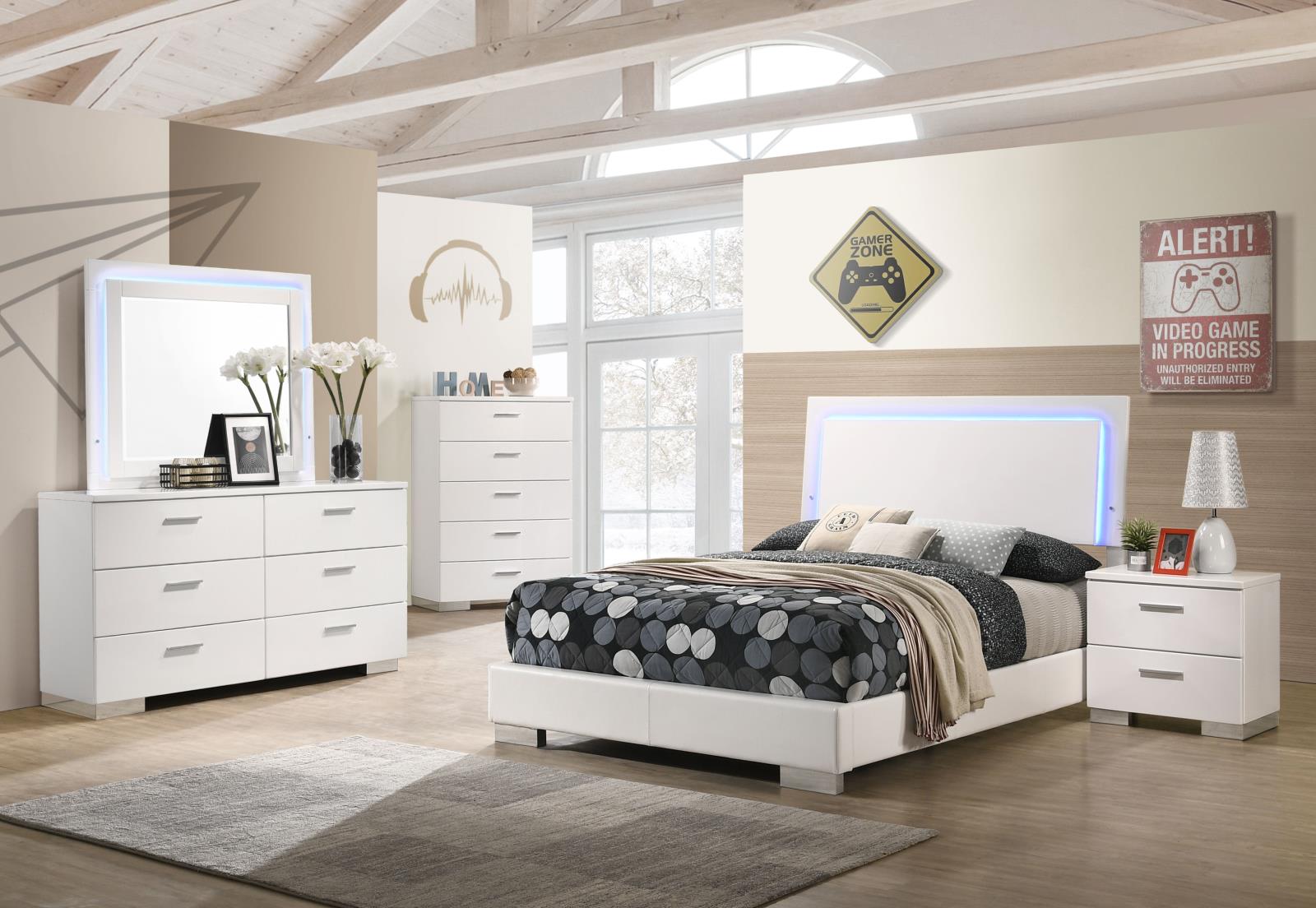Felicity 5-piece Full Bedroom Set with LED Headboard and Mirror Glossy White - 203500F-S5L - Bien Home Furniture &amp; Electronics