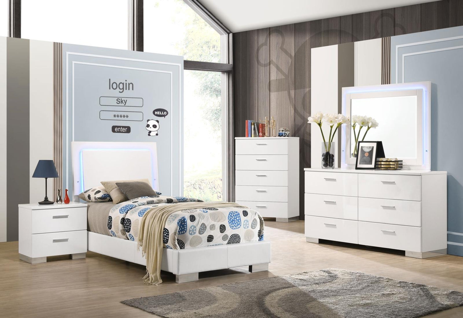Felicity 5-piece Twin Bedroom Set with LED Headboard and Mirror Glossy White - 203500T-S5L - Bien Home Furniture &amp; Electronics