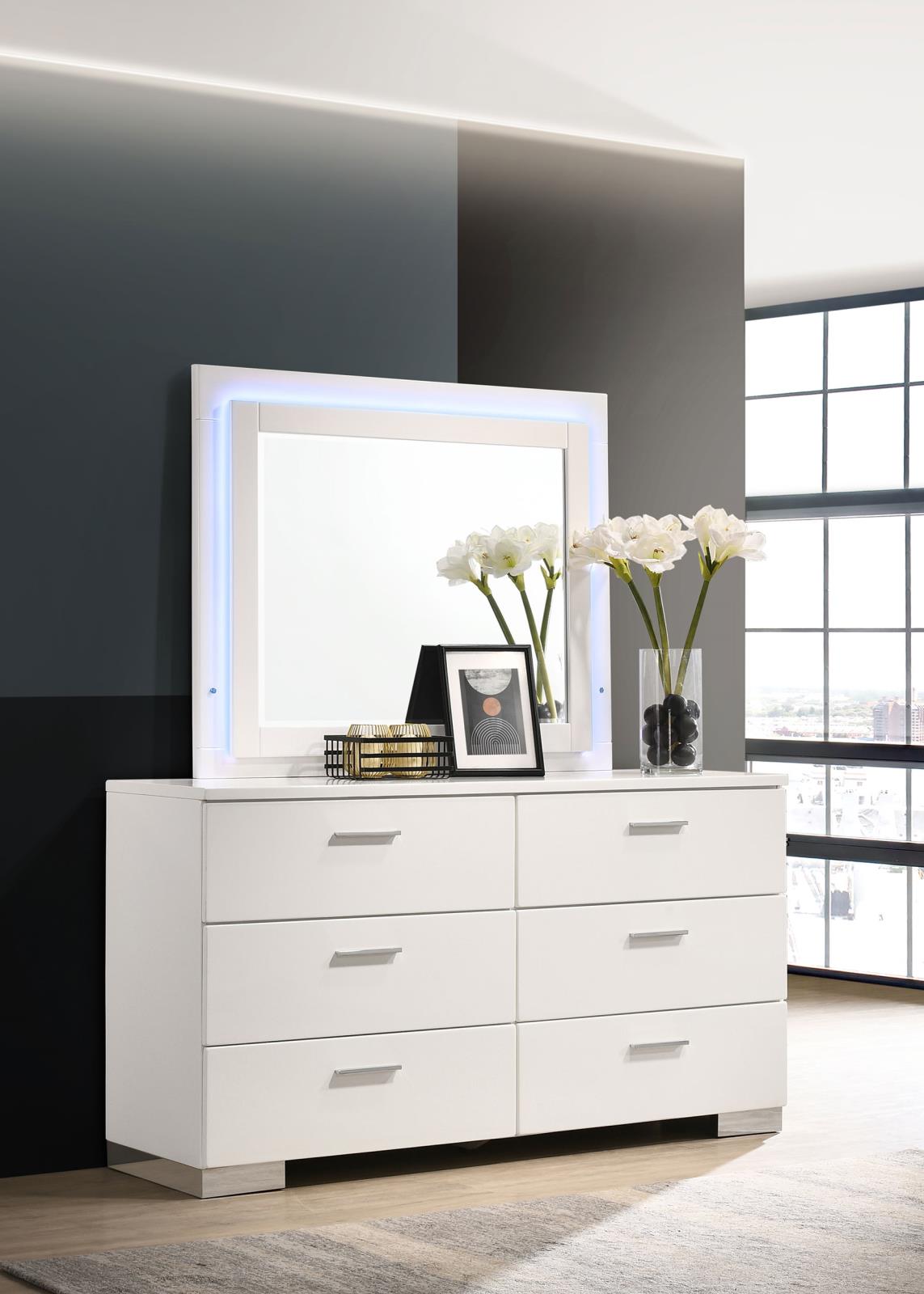 Felicity 6-drawer Dresser with LED Mirror Glossy White - 203503ML - Bien Home Furniture &amp; Electronics